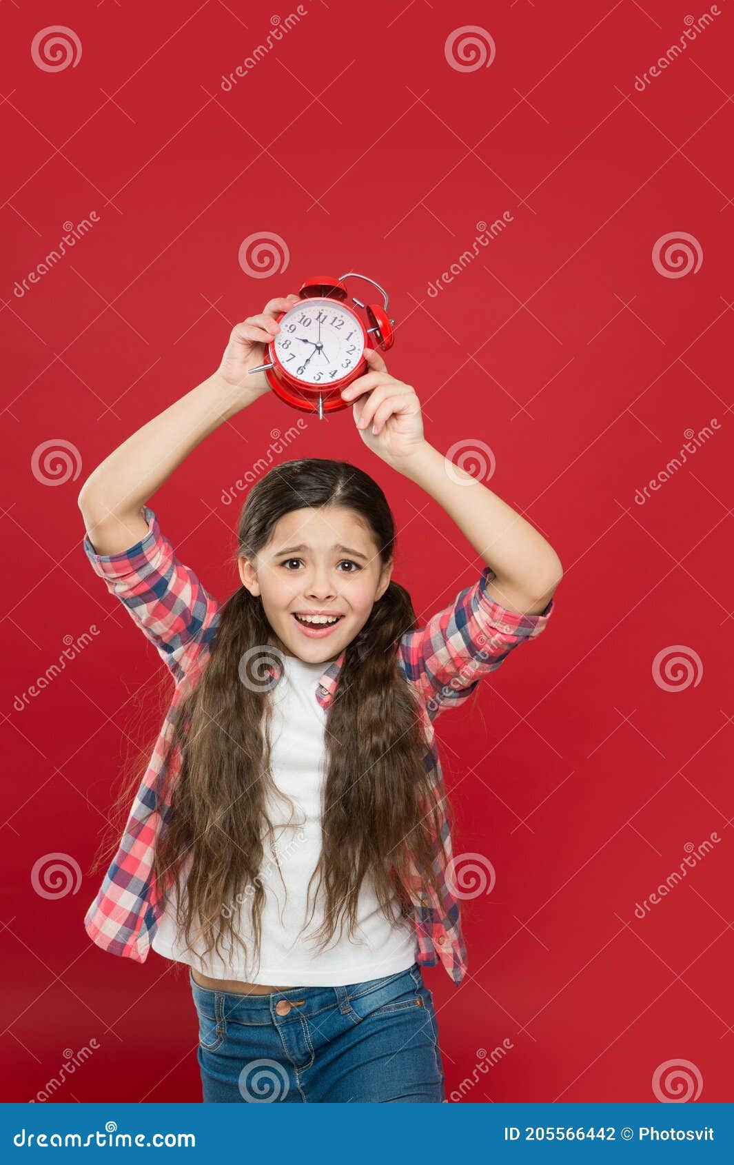 Awakening. Teen Kid Showing Time on Clock. Girl Feeling Happiness ...