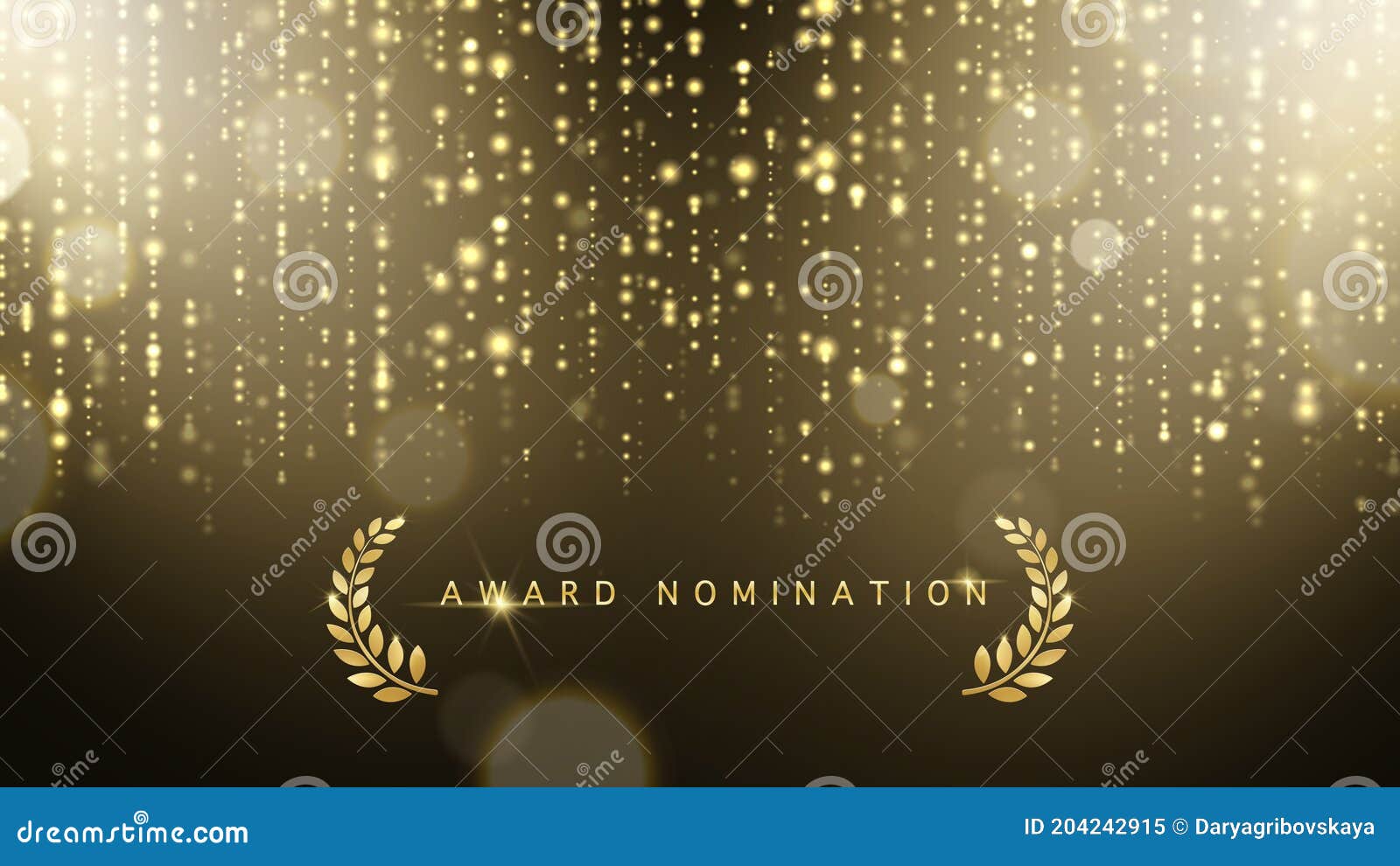 award nomination ceremony luxury background with golden glitter sparkles, laurel wreath and bokeh.  presentation
