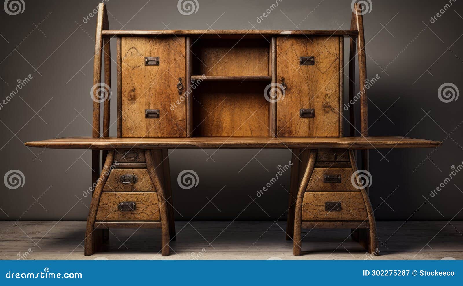 award-winning rustic futurism wooden desk with symmetrical arrangement