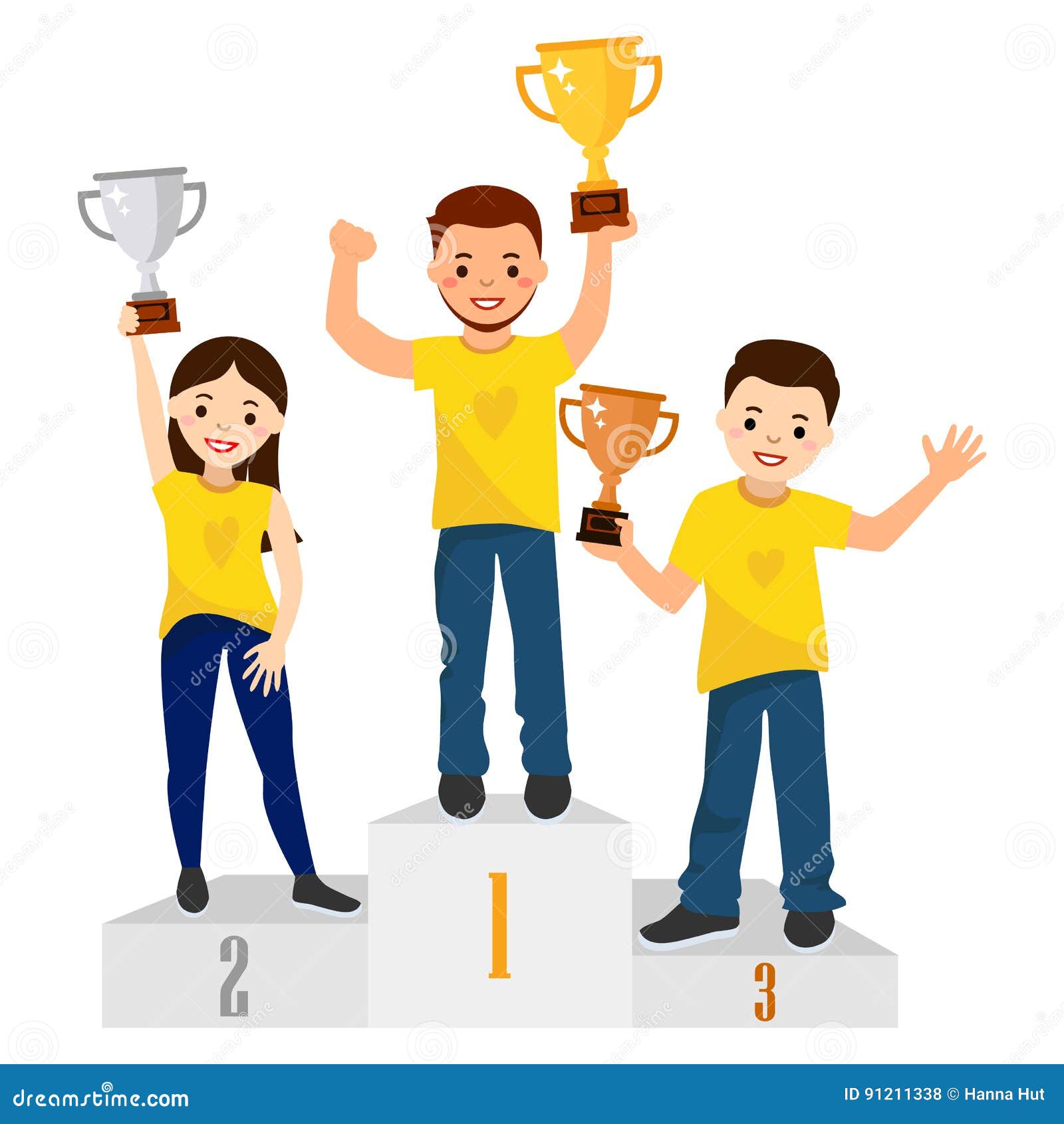 Awards Ceremony. Three People with Winners Cups on a Pedestal Stock