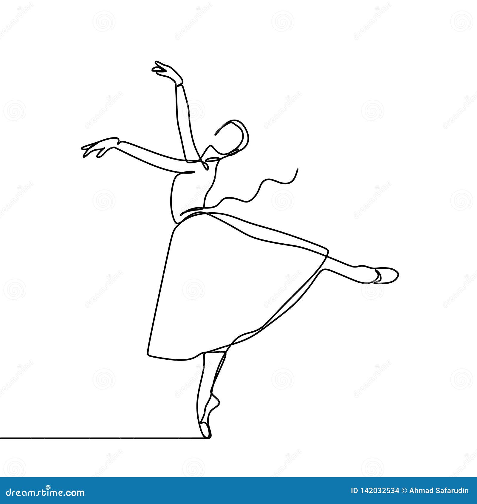 Awesome Ballerina Girl Dancing with Gown Continuous Line Drawing Vector ...