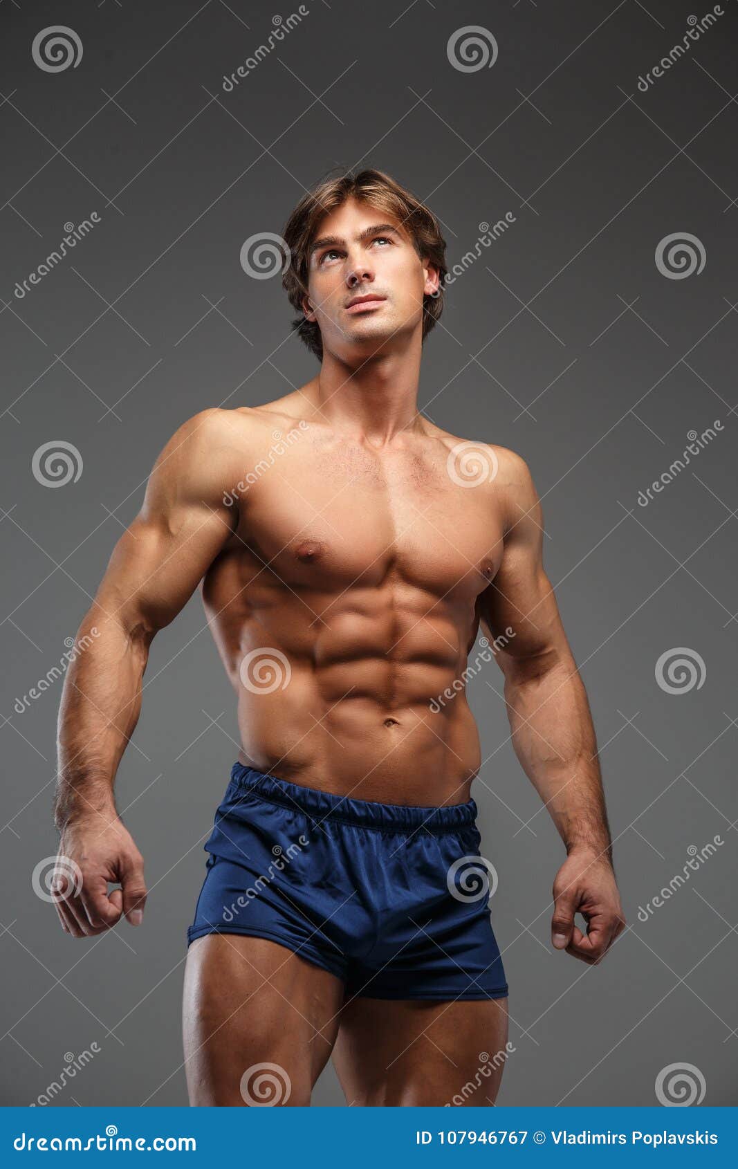 Awesome Shirtless Bodybuilder In Blue Shorts. Royalty-Free Stock ...