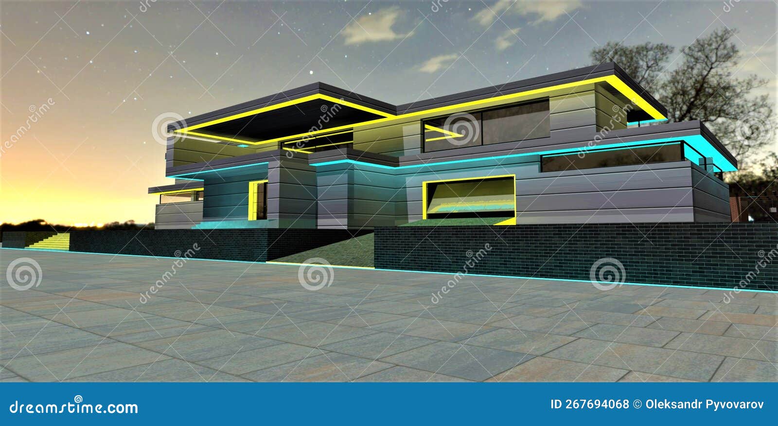 awesome starry predawn sky above contemporary upscale villa with illuminated exterior. view of the opening garage. 3d rendering