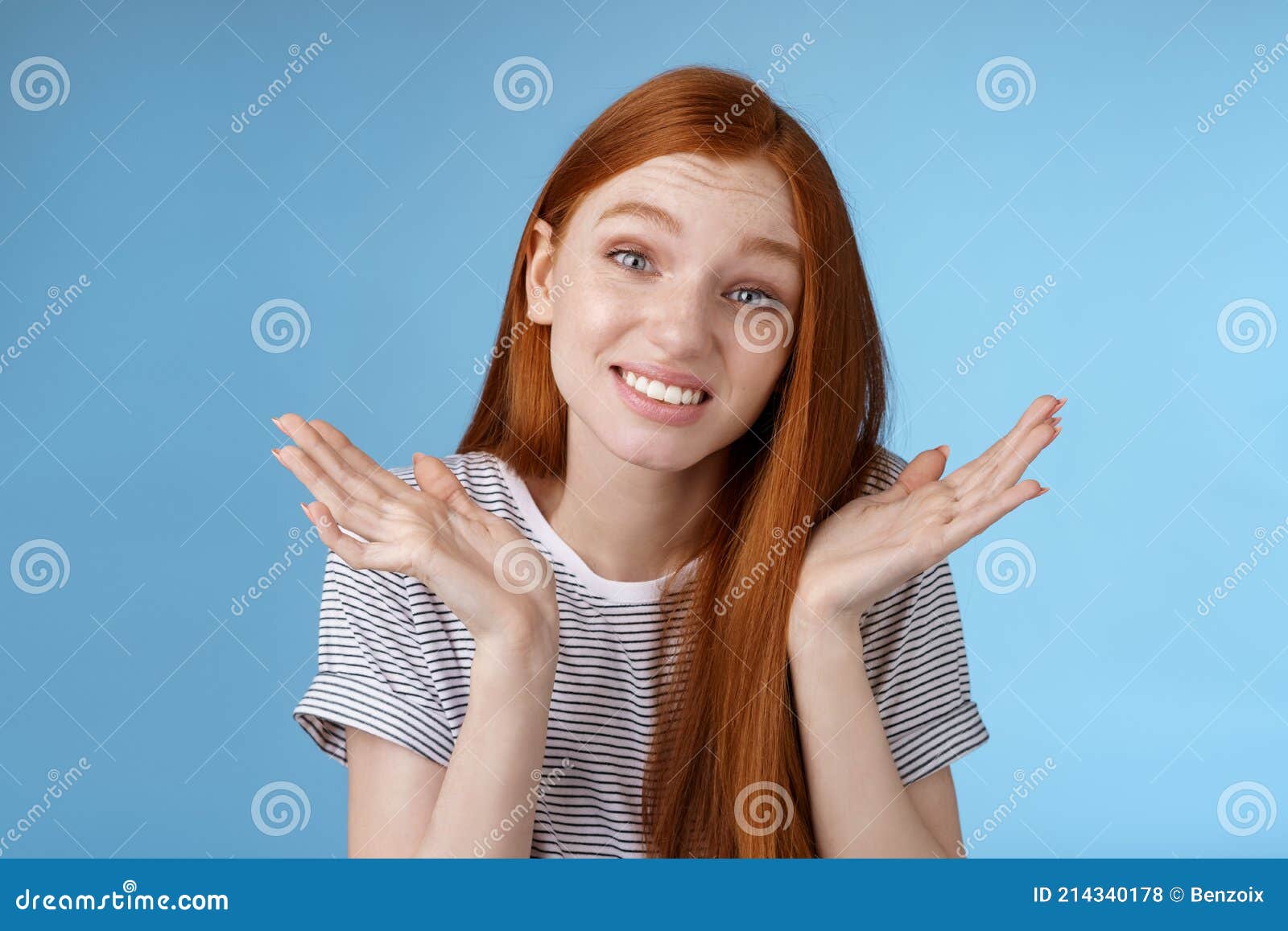 Awkward Apologizing Cute Redhead Girlfriend Say Sorry Shrugging Spread Hands Sideways Puzzled