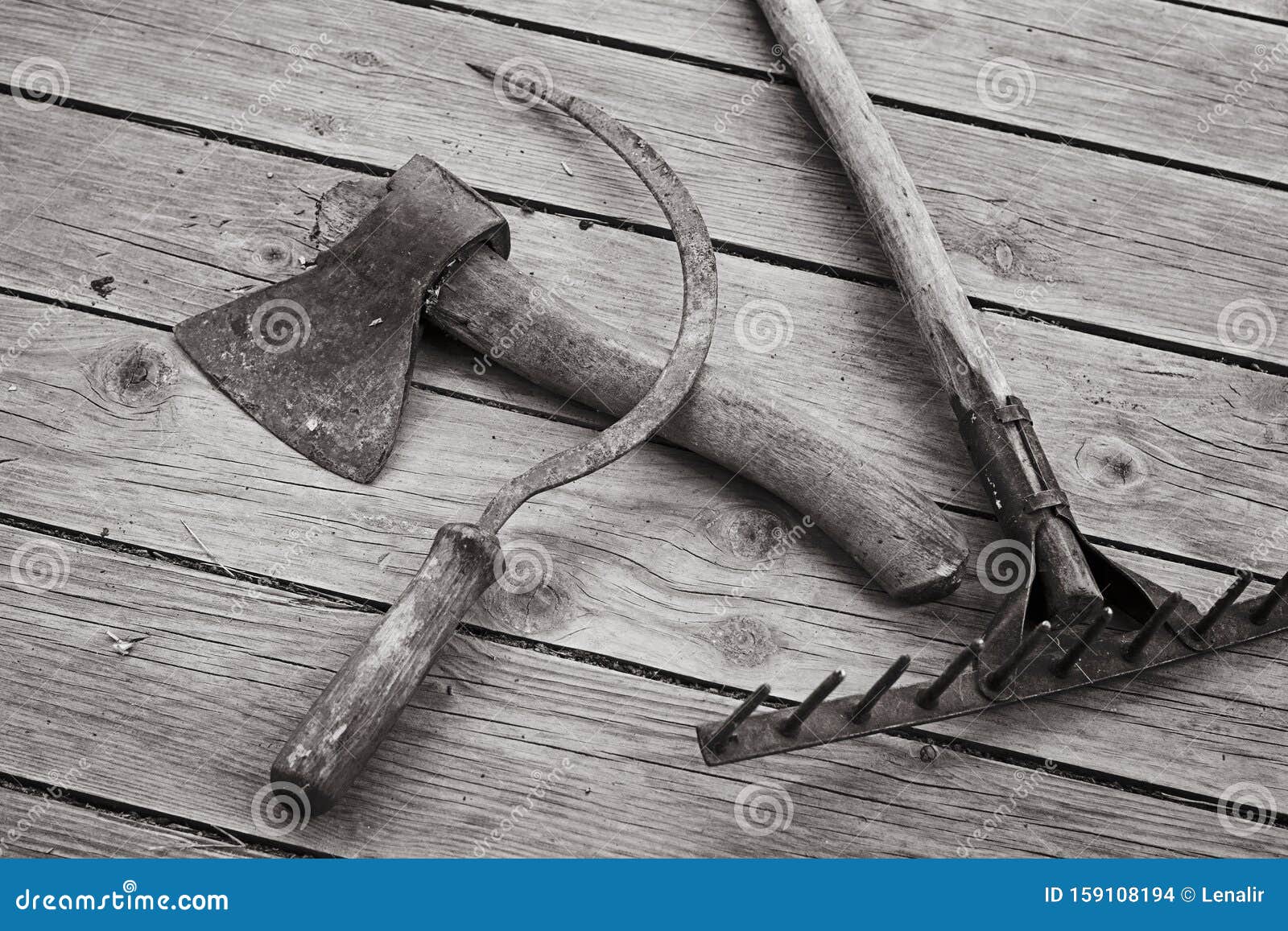 Ax, Sickle and Rake are the Old Hand Tools Stock Photo Image of