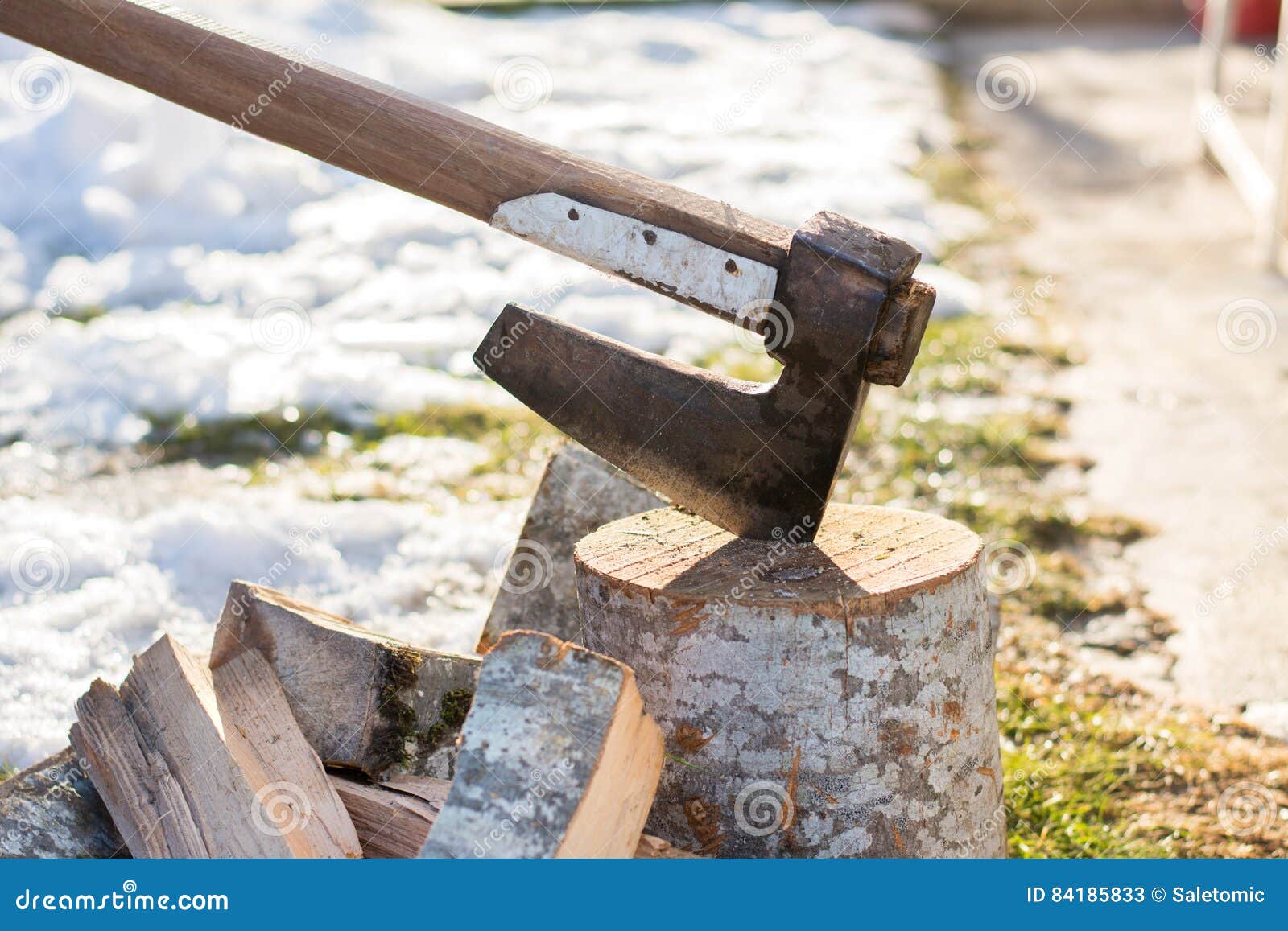 Axe Stabbed in the Firewood in the Yard Stock Image Image of village