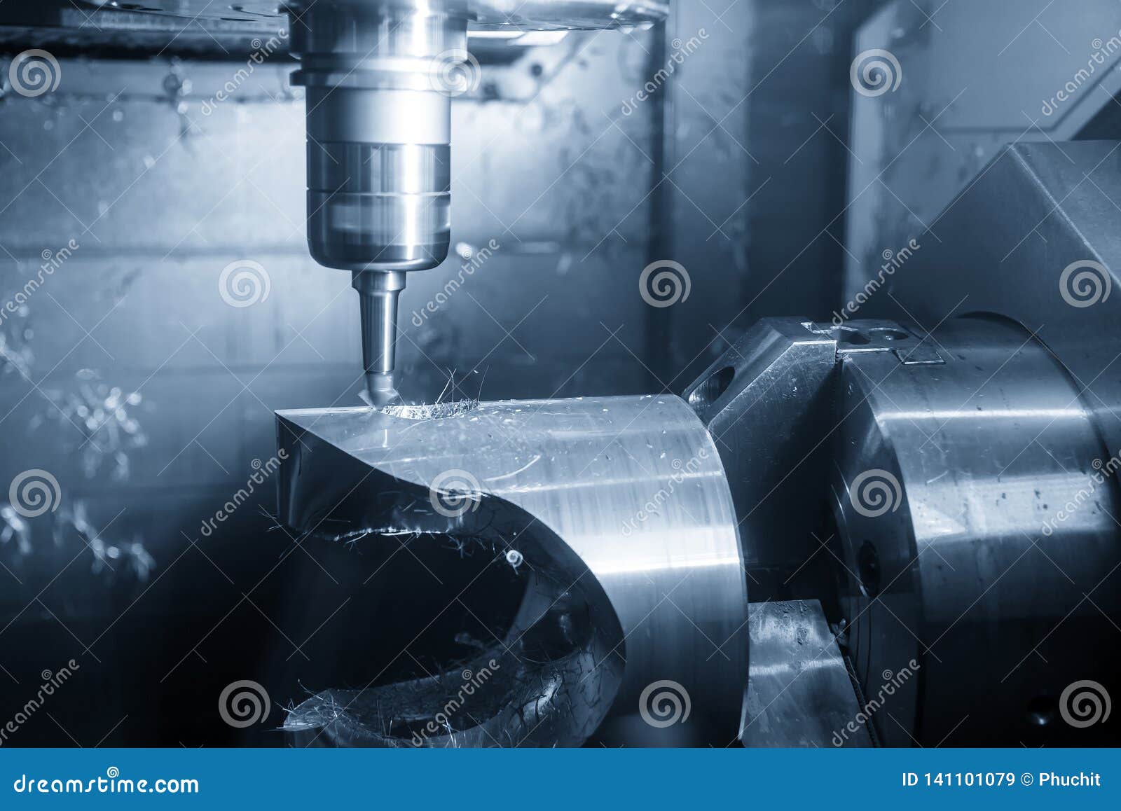 the 5-axis cnc machining center chamfering the hole by chamfering tools.