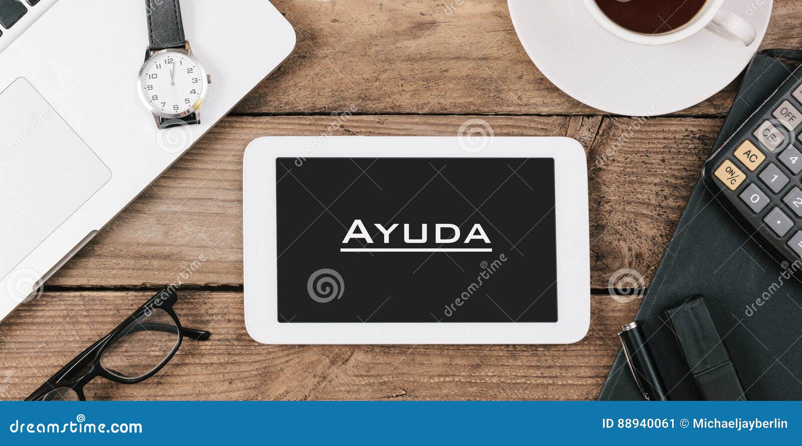 ayuda, spanish text for help on screen of tablet computer at off