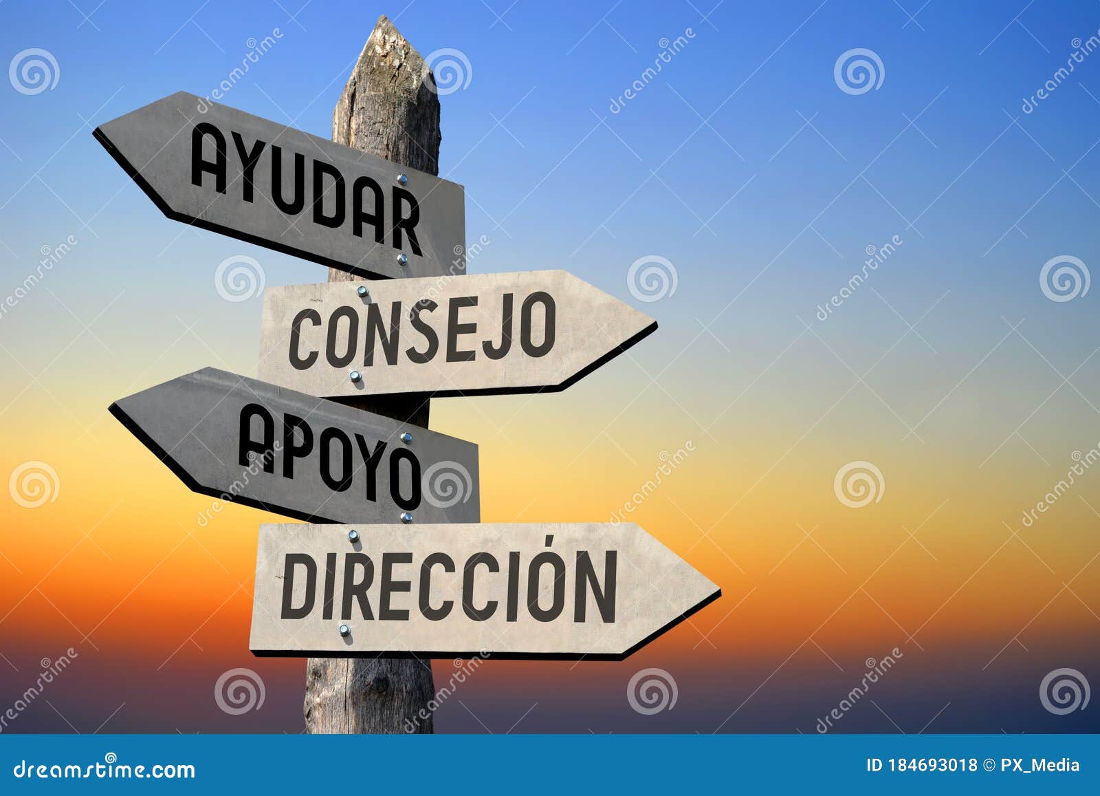 ayudar, consejo, apoyo, direccion - spanish/ help, advice, support, direction - english - wooden signpost, sunset sky