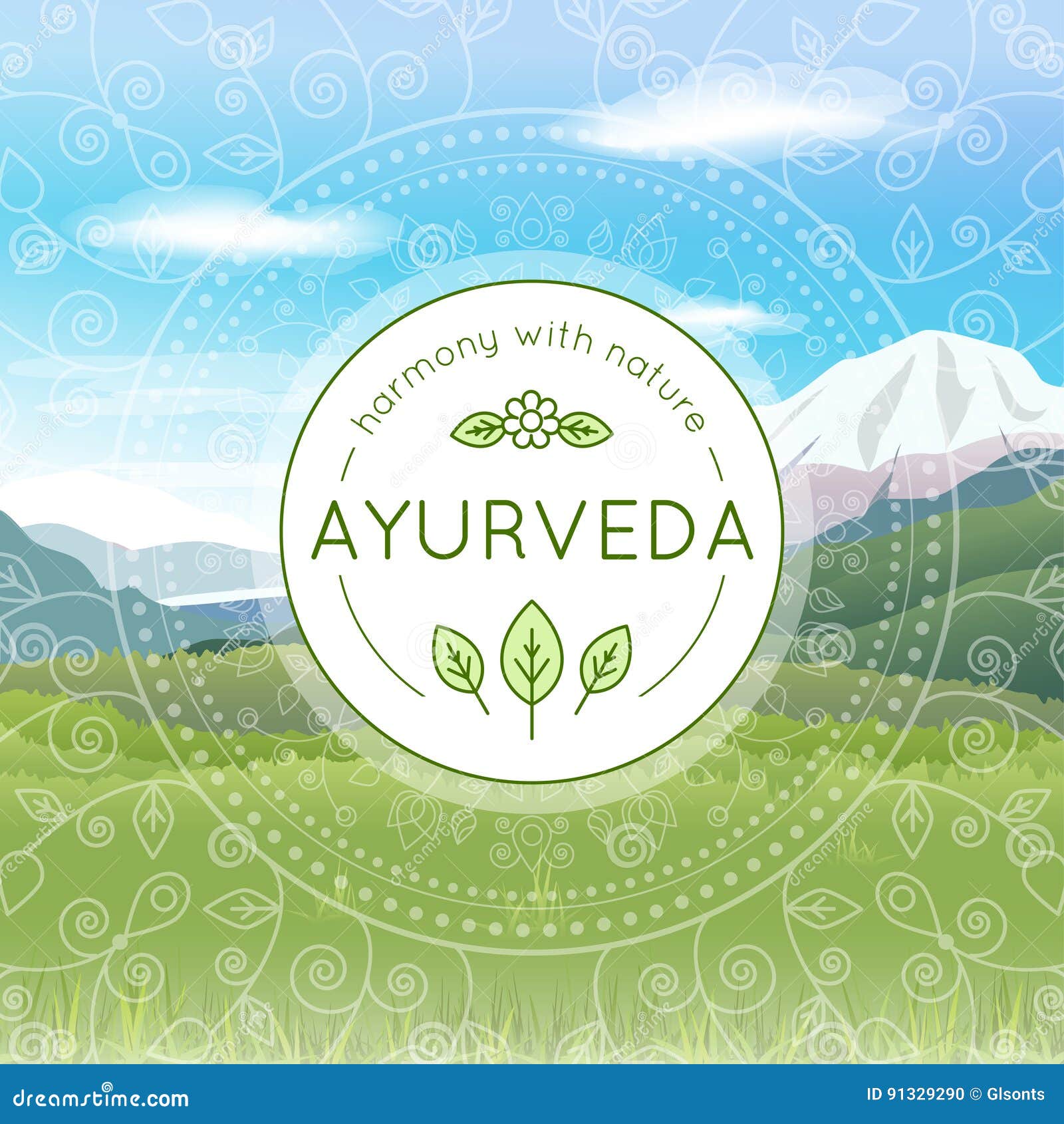 Ayurveda Illustration with Mountains Landscape Stock Vector