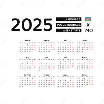 Azerbaijan Calendar 2025. Week Starts from Monday. Vector Graphic