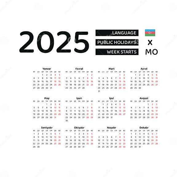 Azerbaijan Calendar 2025. Week Starts from Monday. Vector Graphic Design Stock Illustration