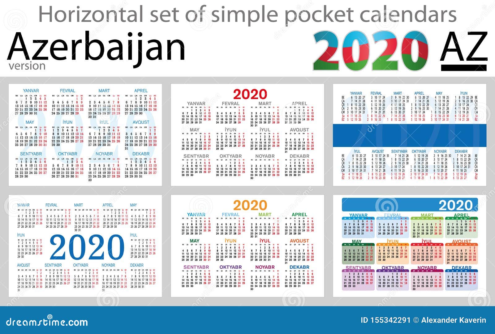 Azerbaijan Set of Pocket Calendars for 2020 Stock Vector Illustration