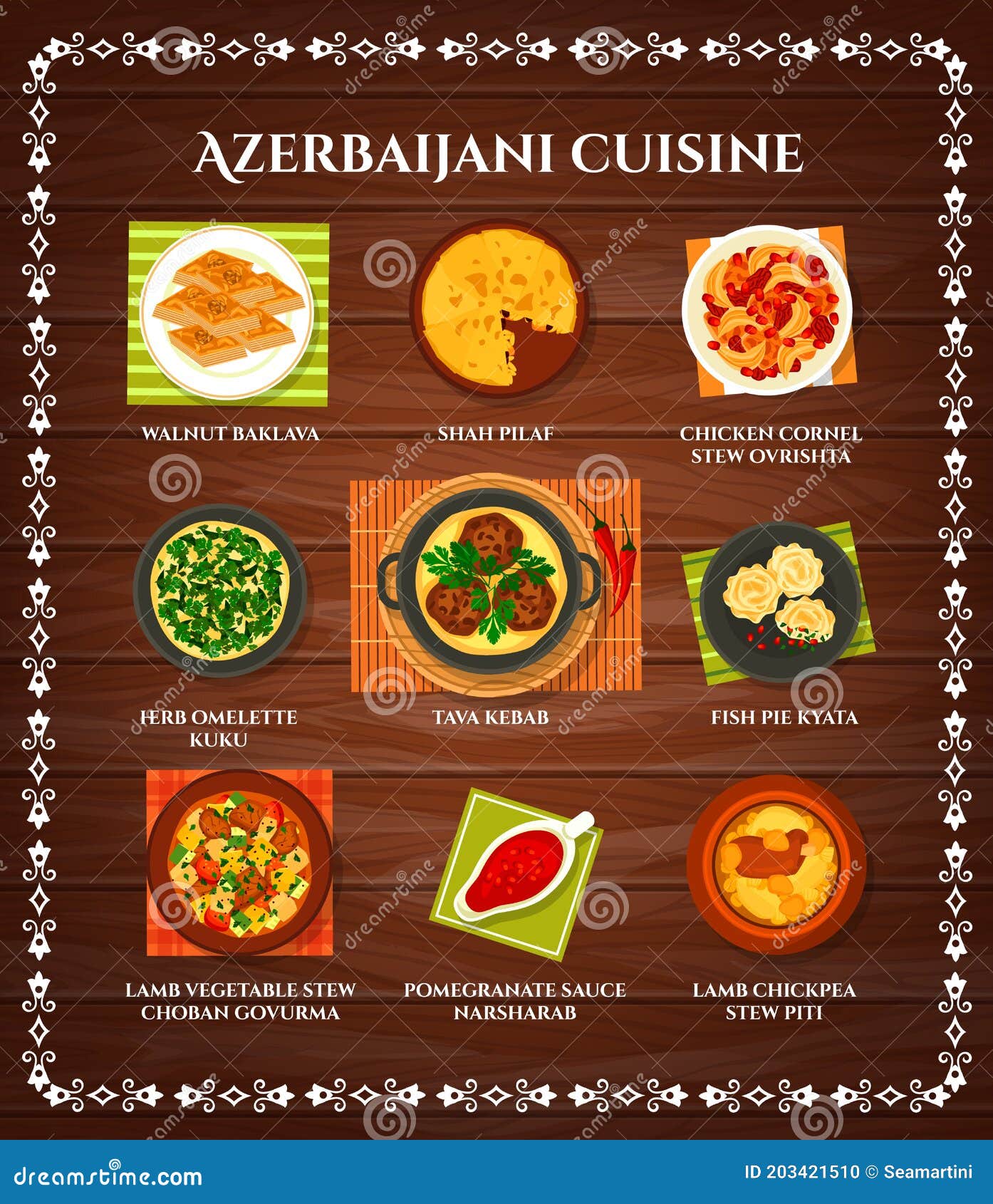 Azerbaijani Cuisine Vector Cartoon Menu of Meals Stock Vector -  Illustration of cook, cartoon: 203421510