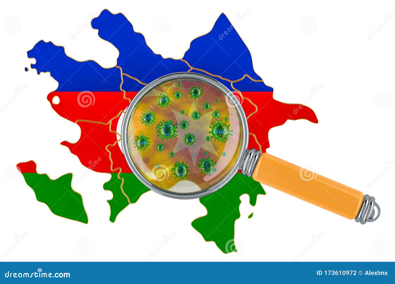 Azerbaijani Map with Coronavirus Under Magnifier, 3D Rendering Stock