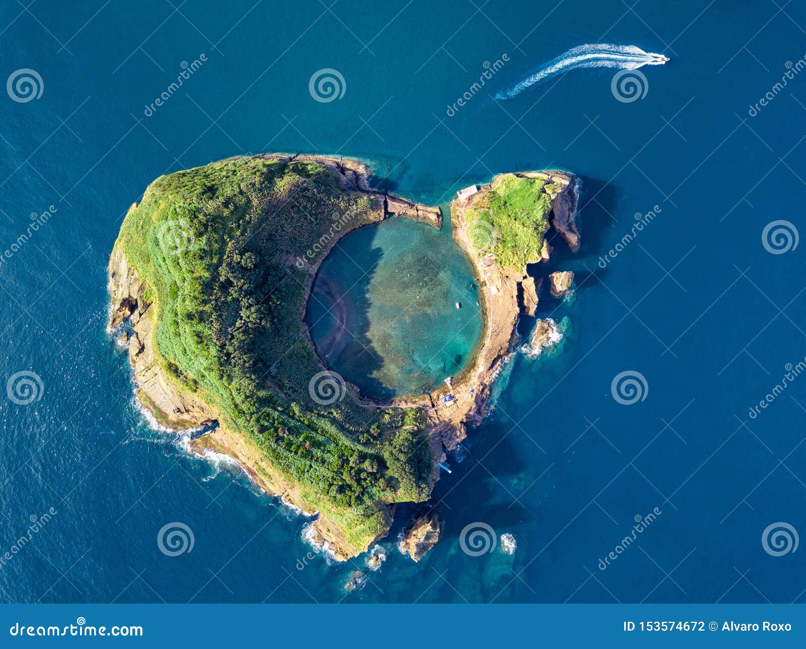 azores aerial panoramic view. top view of islet of vila franca do campo. crater of an old underwater volcano. san miguel island, a