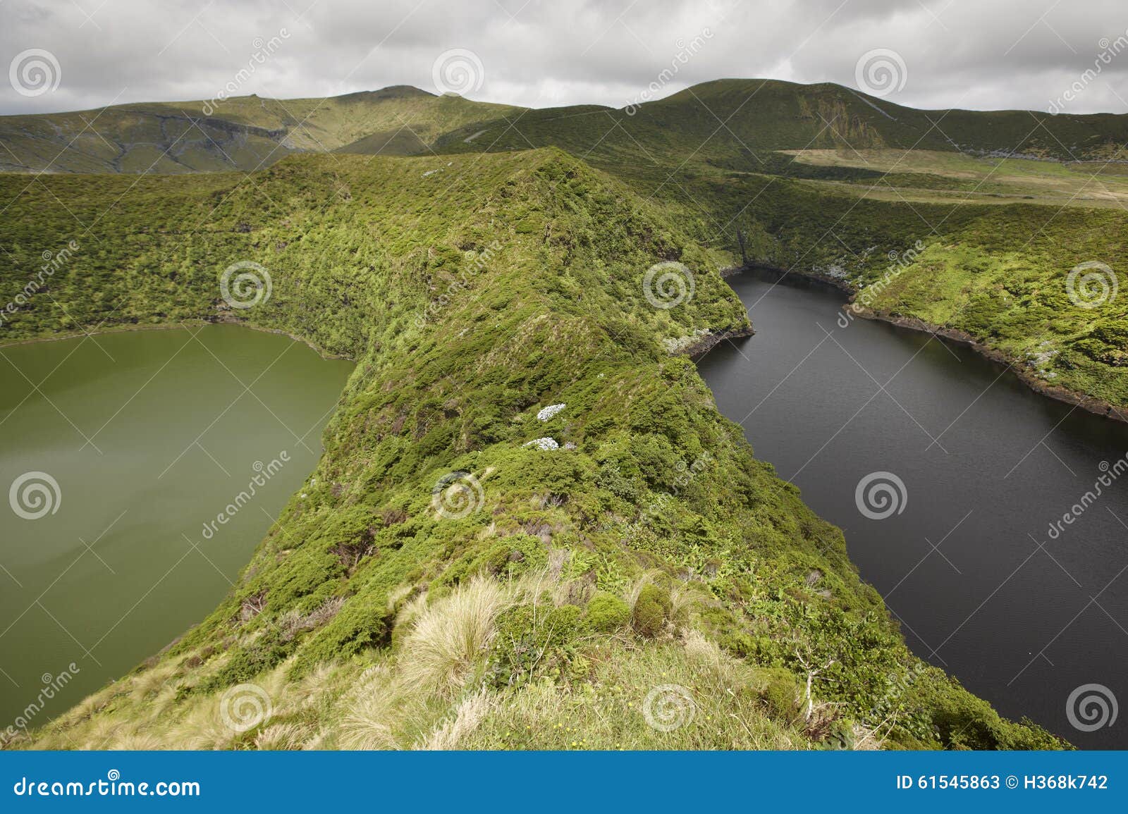 azores landscape with lakes in flores island. caldeira comprida