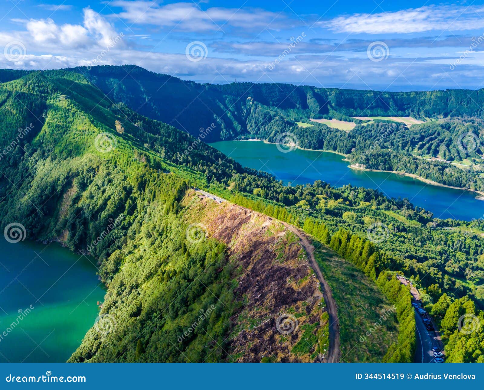 azores landscape panoramic view. aerial drone view of sete cidades, sao miguel