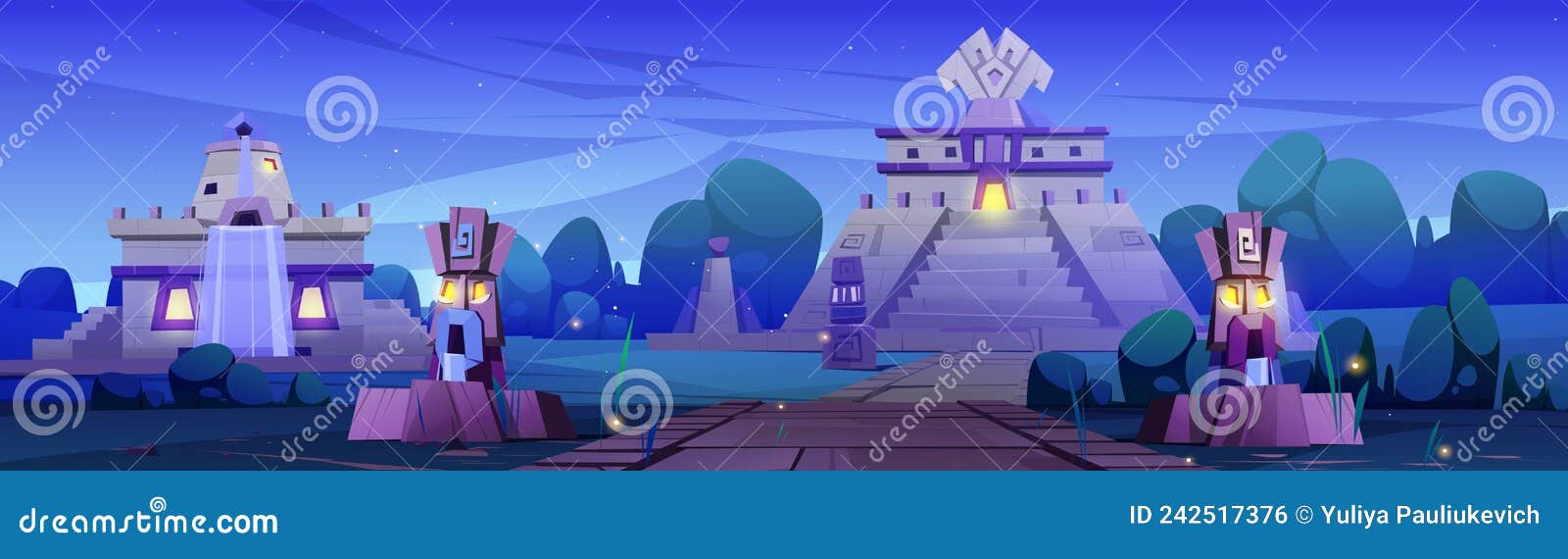 Aztec Village Landscape With Tribe People, Ancient Maya Altar Pyramid ...