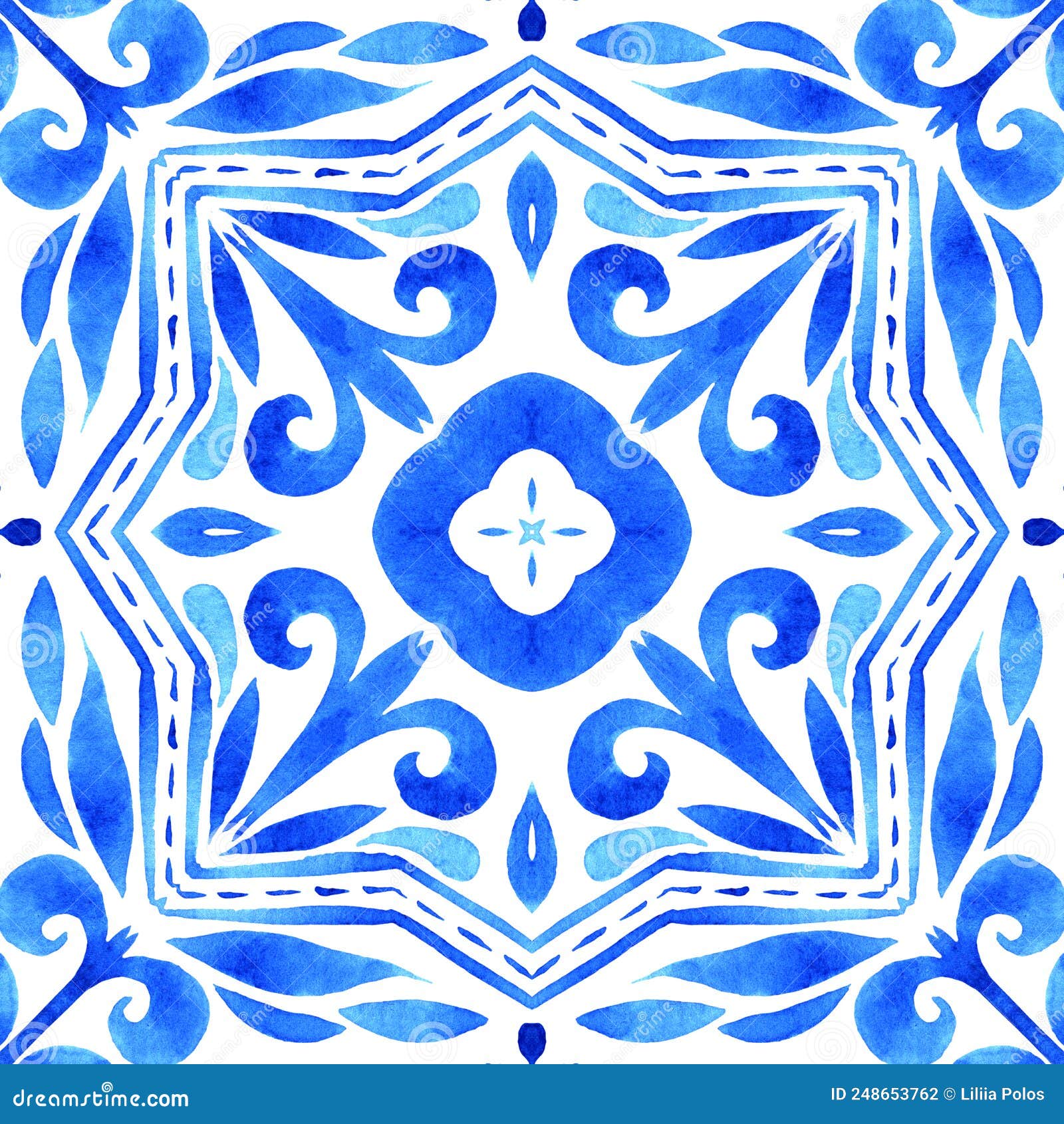 azulejos - portuguese tile blue watercolor pattern. traditional ornament.