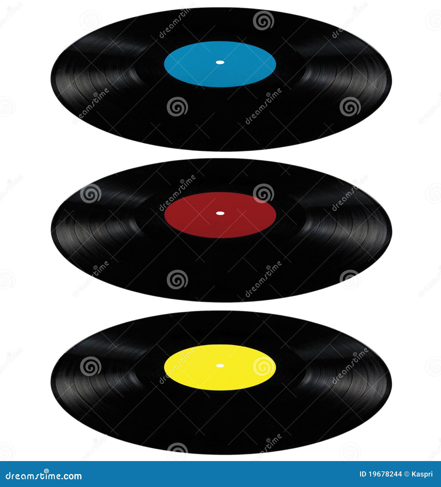 Azzurro rosso del disco del gioco lungo del disco dell'album record del lp del vinile. Dischi neri dell'album del lp del vinile; dischi isolati del gioco lungo con il contrassegno in bianco nella ciano prospettiva blu, rossa, gialla