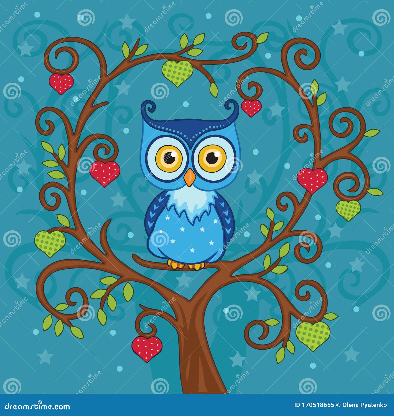 Búho Gracioso Sobre Fondo Azul Abstracto Dibujo De Dibujos Animados Para  Niños Con Fabulosos Animales O Pájaros, Corazón Y Estrel Ilustración del  Vector - Ilustración de cubo, color: 170518655