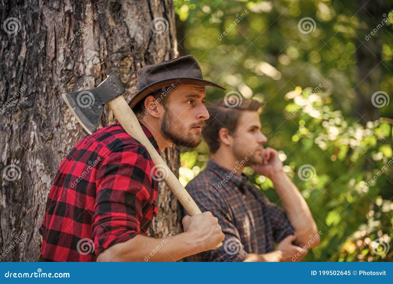 Bûcheron Avec Une Tronçonneuse Et La Hache Bois De Chauffage De