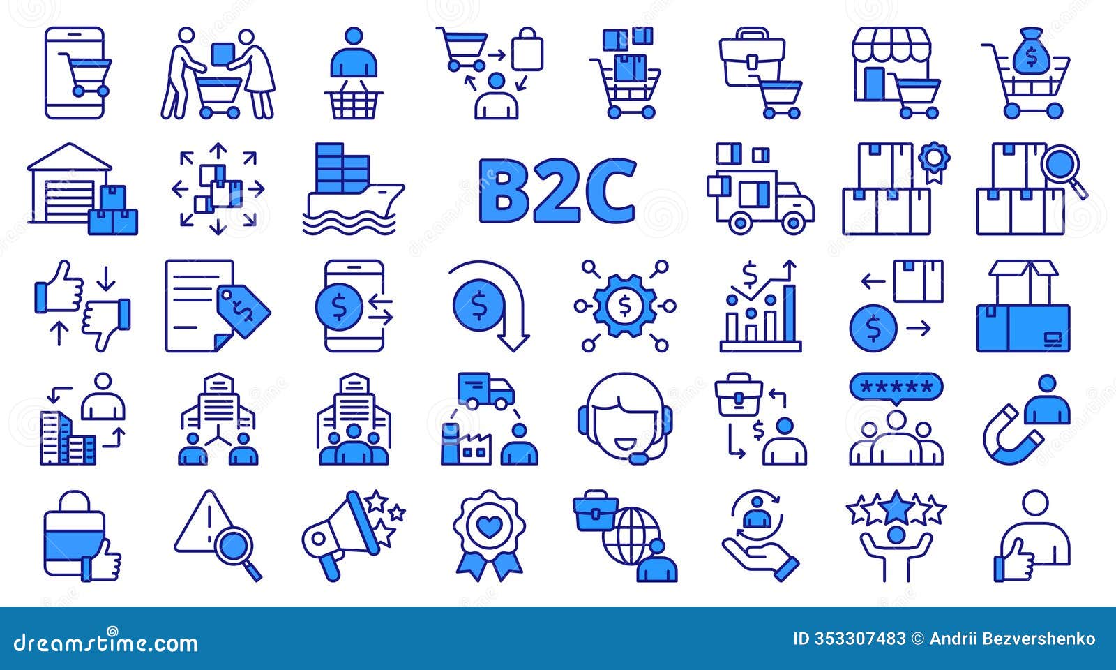 b2c icons set blue, icon in line . b2c, icons, set, blue, business to consumer, commerce, retail on white