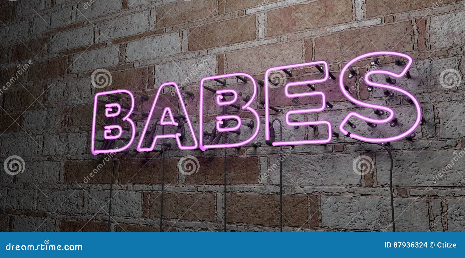 babes - glowing neon sign on stonework wall - 3d rendered royalty free stock 