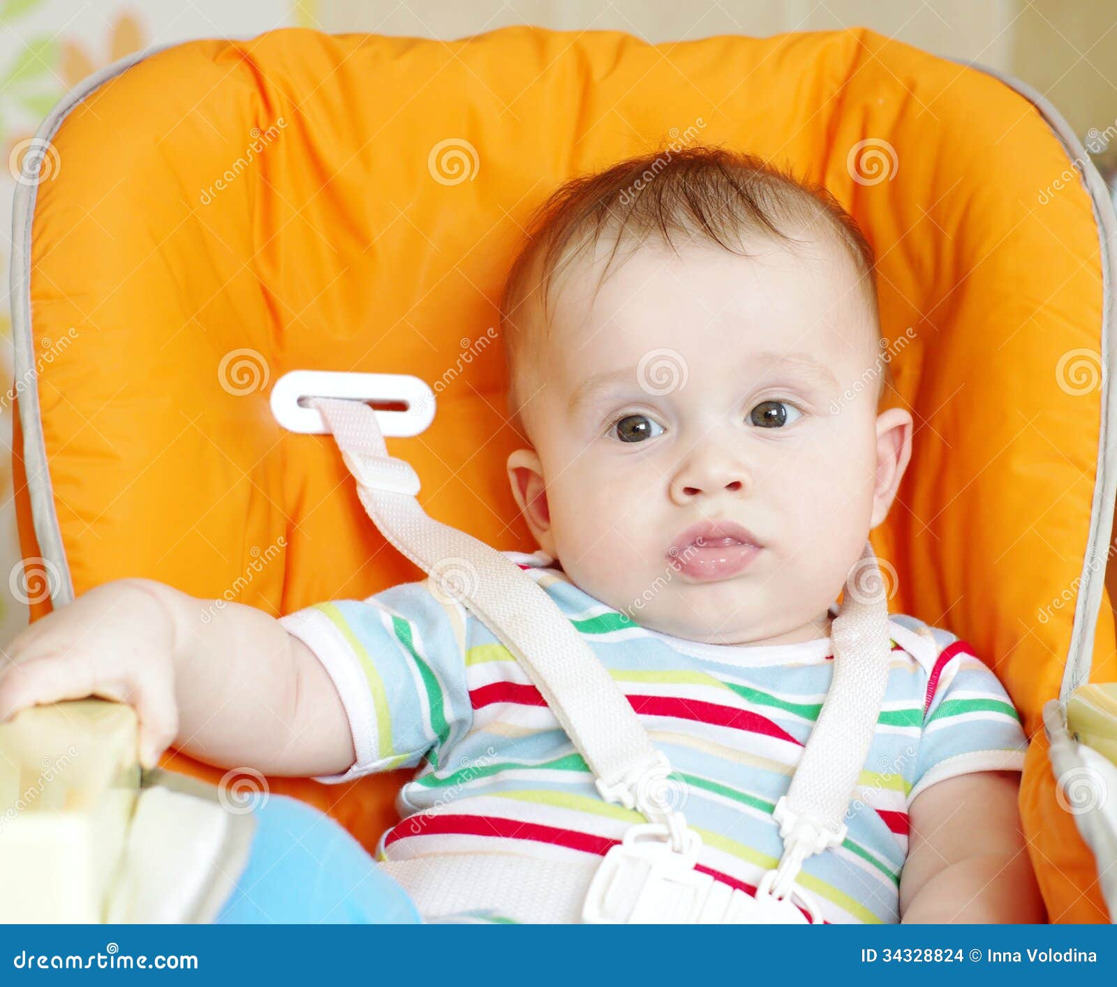 Baby Age Of 6 Months Sits On Babies Chair Stock Photo Image Of