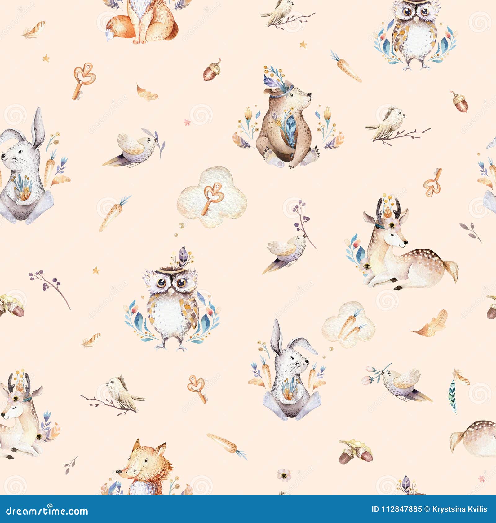 baby animals nursery  seamless pattern with bannies. watercolor boho cute baby fox, deer animal woodland rabbit