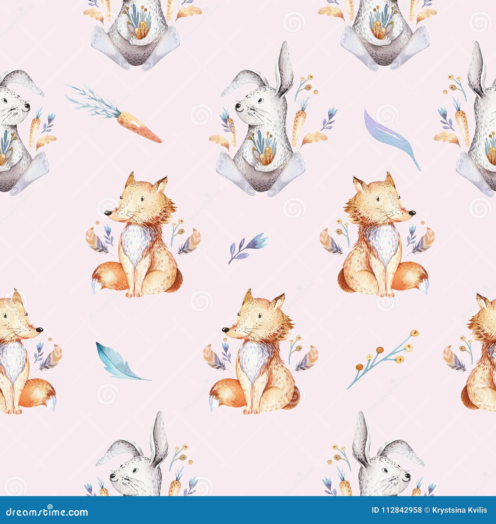 baby animals nursery  seamless pattern with bannies. watercolor boho cute baby fox, deer animal woodland rabbit