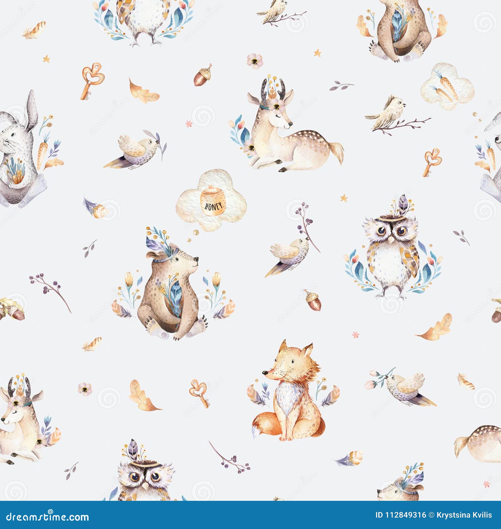 baby animals nursery  seamless pattern with bannies. watercolor boho cute baby fox, deer animal woodland rabbit