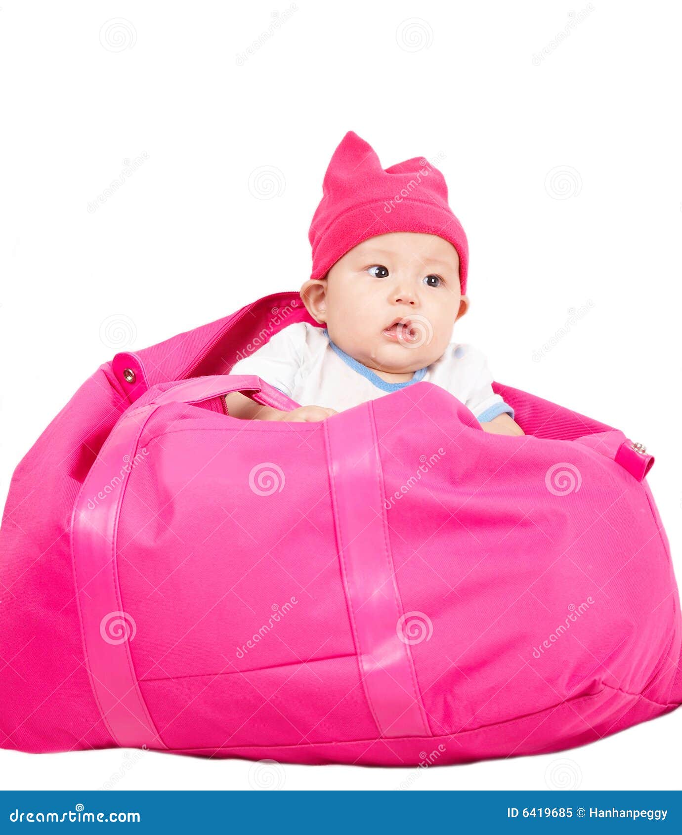 Baby in bag. stock image. Image of childhood, background 6419685