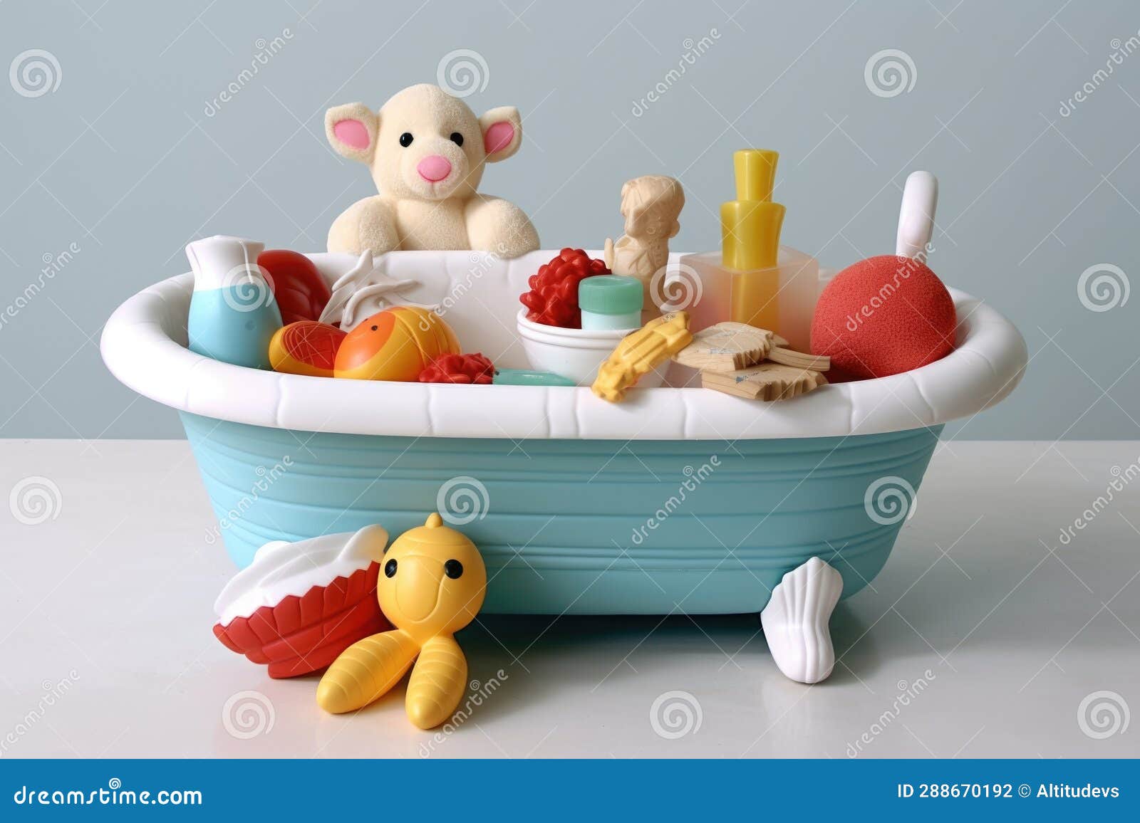 Baby Bathtub with Fun Bath Time Accessories Stock Photo Image of