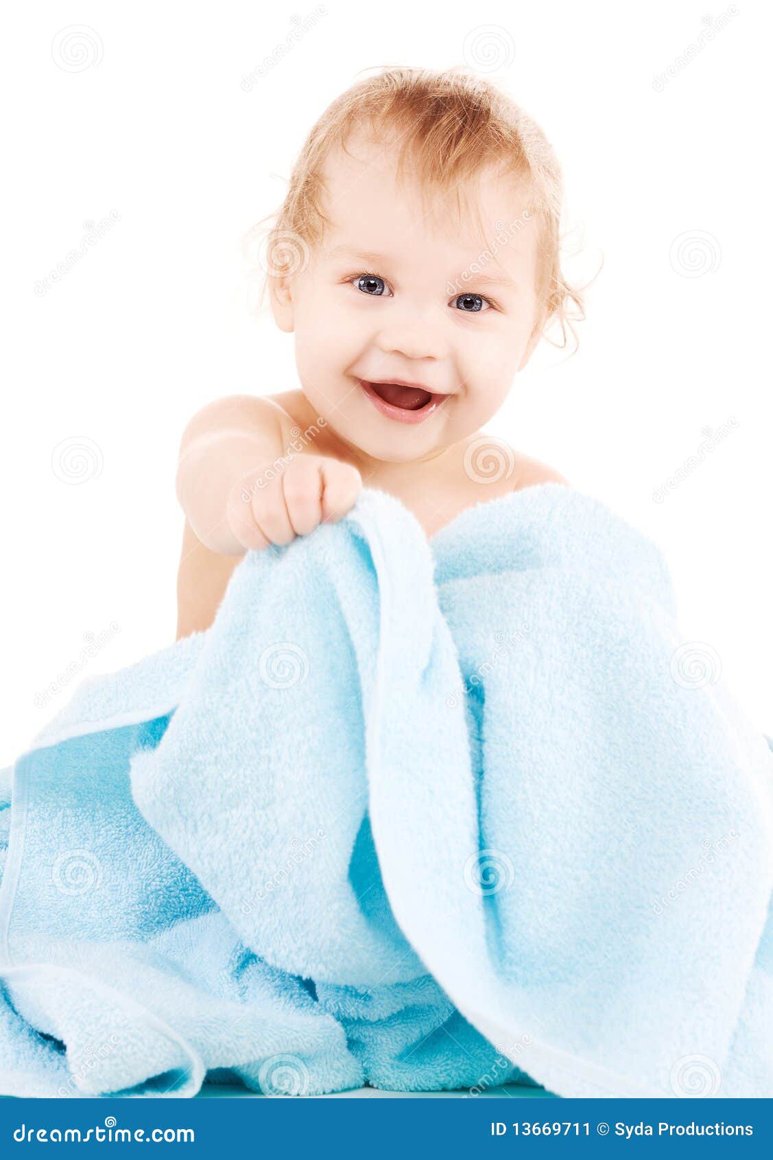 Baby with blue towel stock image. Image of funny, joyful - 13669711
