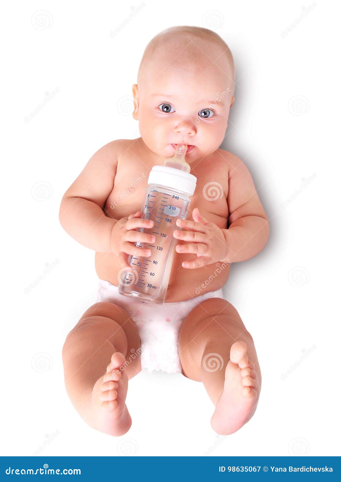 Baby with bottle on white. stock image. Image of diaper 98635067