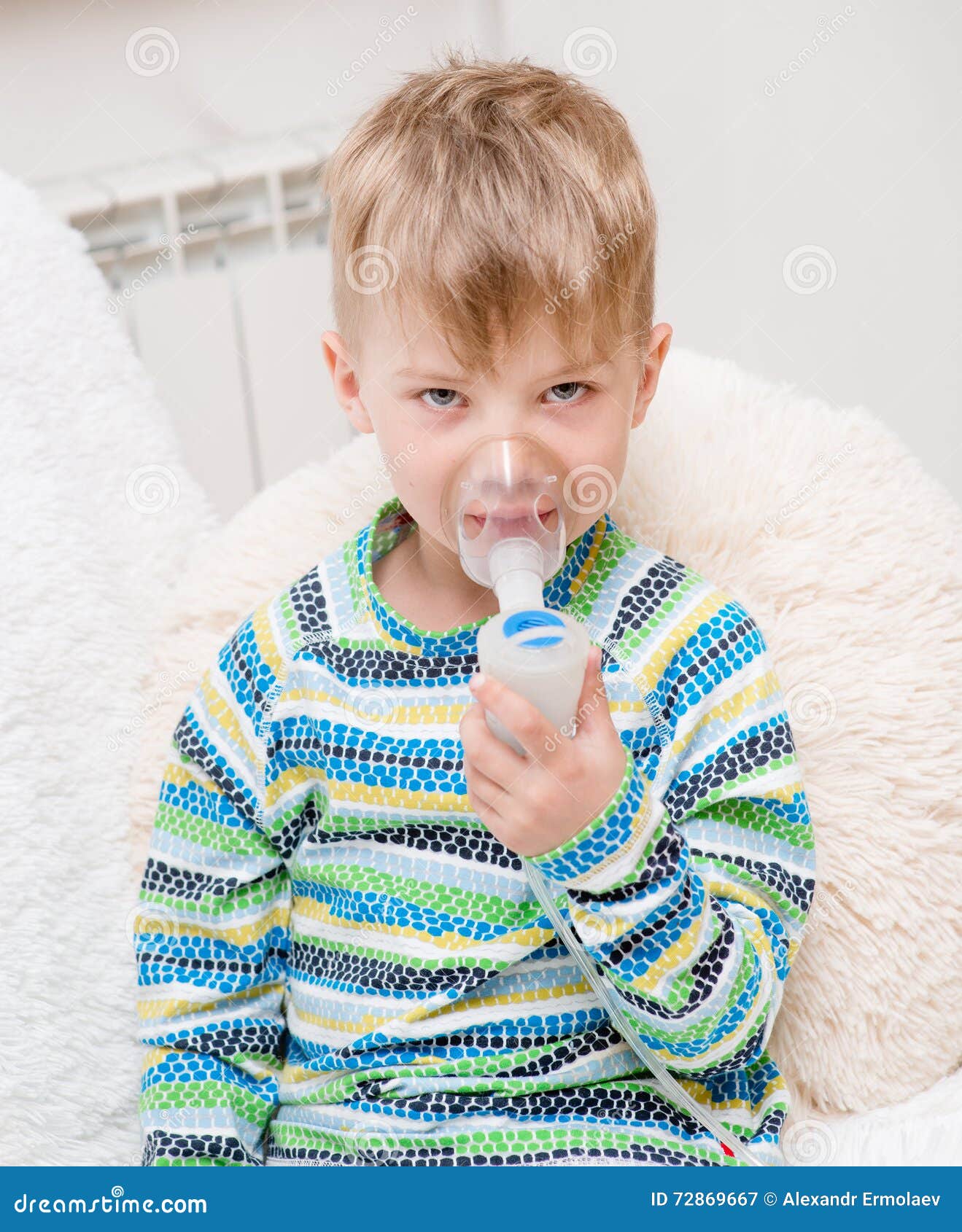 Baby Boy with Asthma Problems Making Inhalation with Mask Stock Image