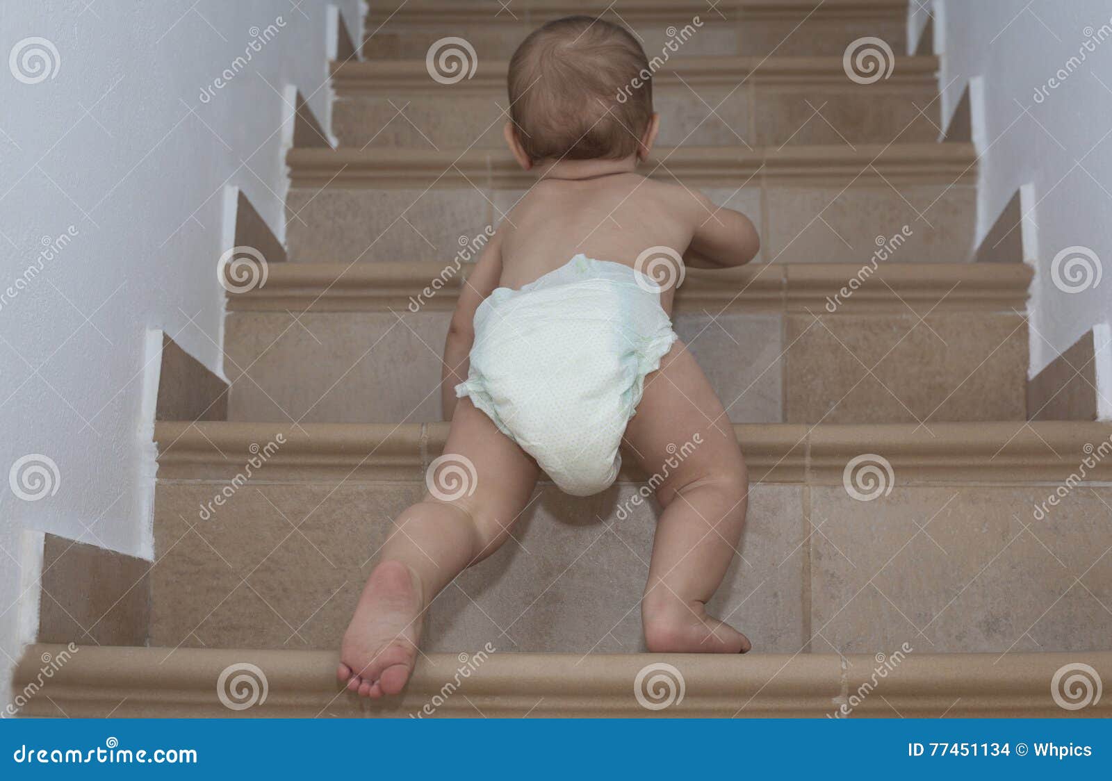 Baby Boy Crawling Up the Stairs Stock Photo Image of risk, year 77451134