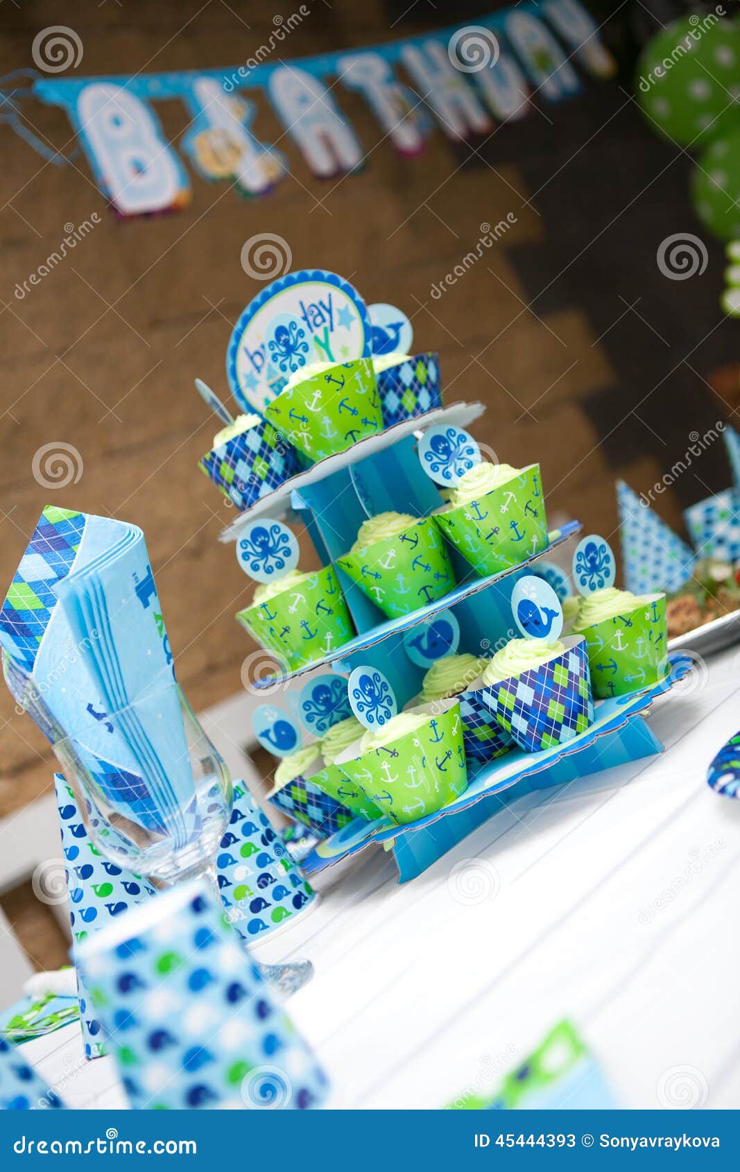 Baby Boy First Birthday Party Outdoor Table Set Stock Image