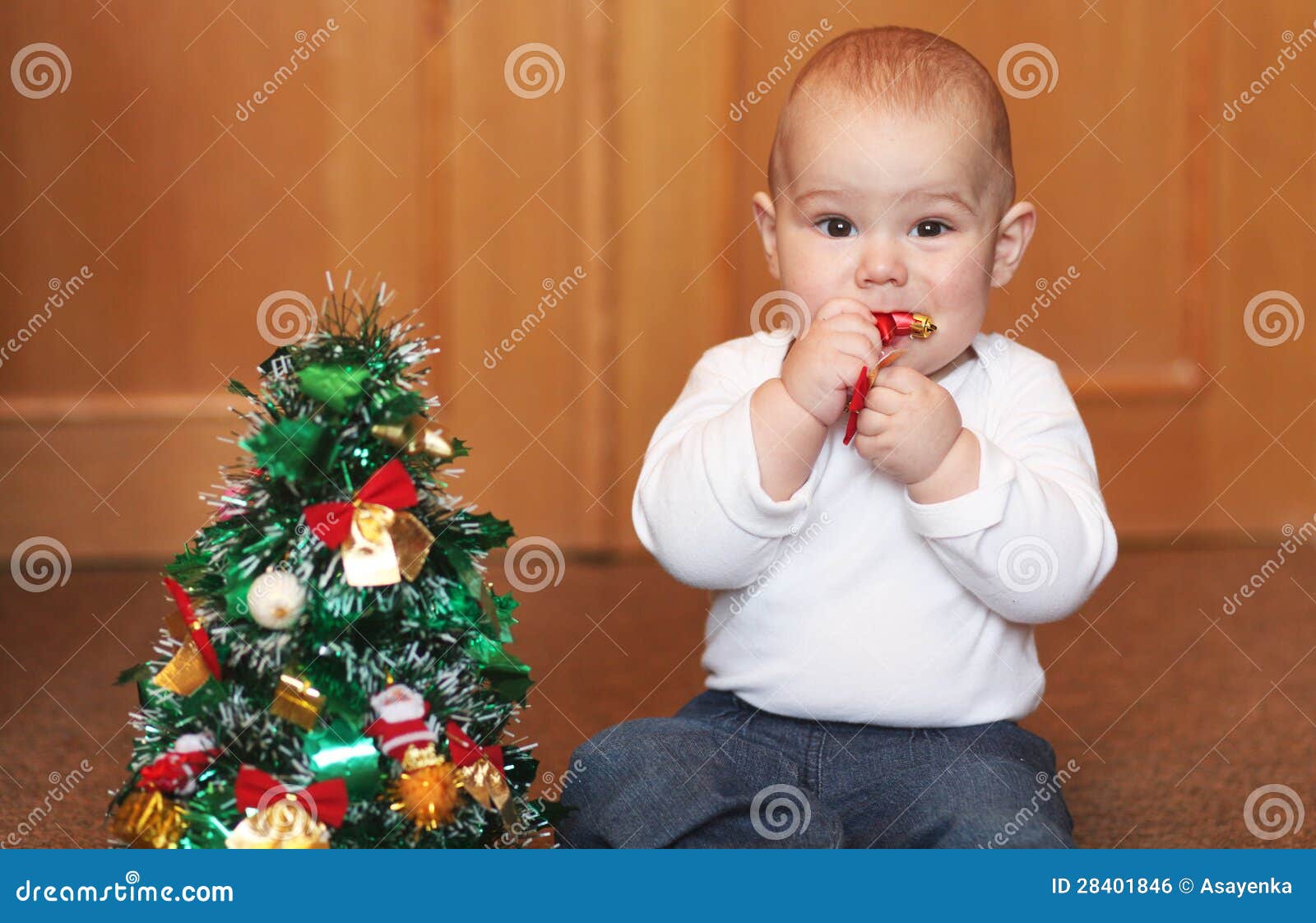 Baby Boy Playing with Christmas Tree Stock Photo Image of child