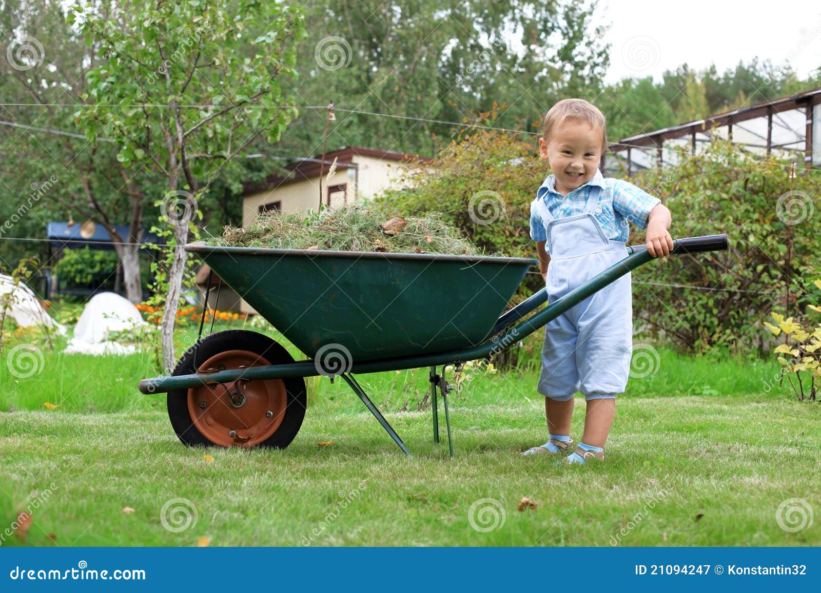 Baby Boy Pushing a Wheelbarrow in Garden Stock Image Image of happy
