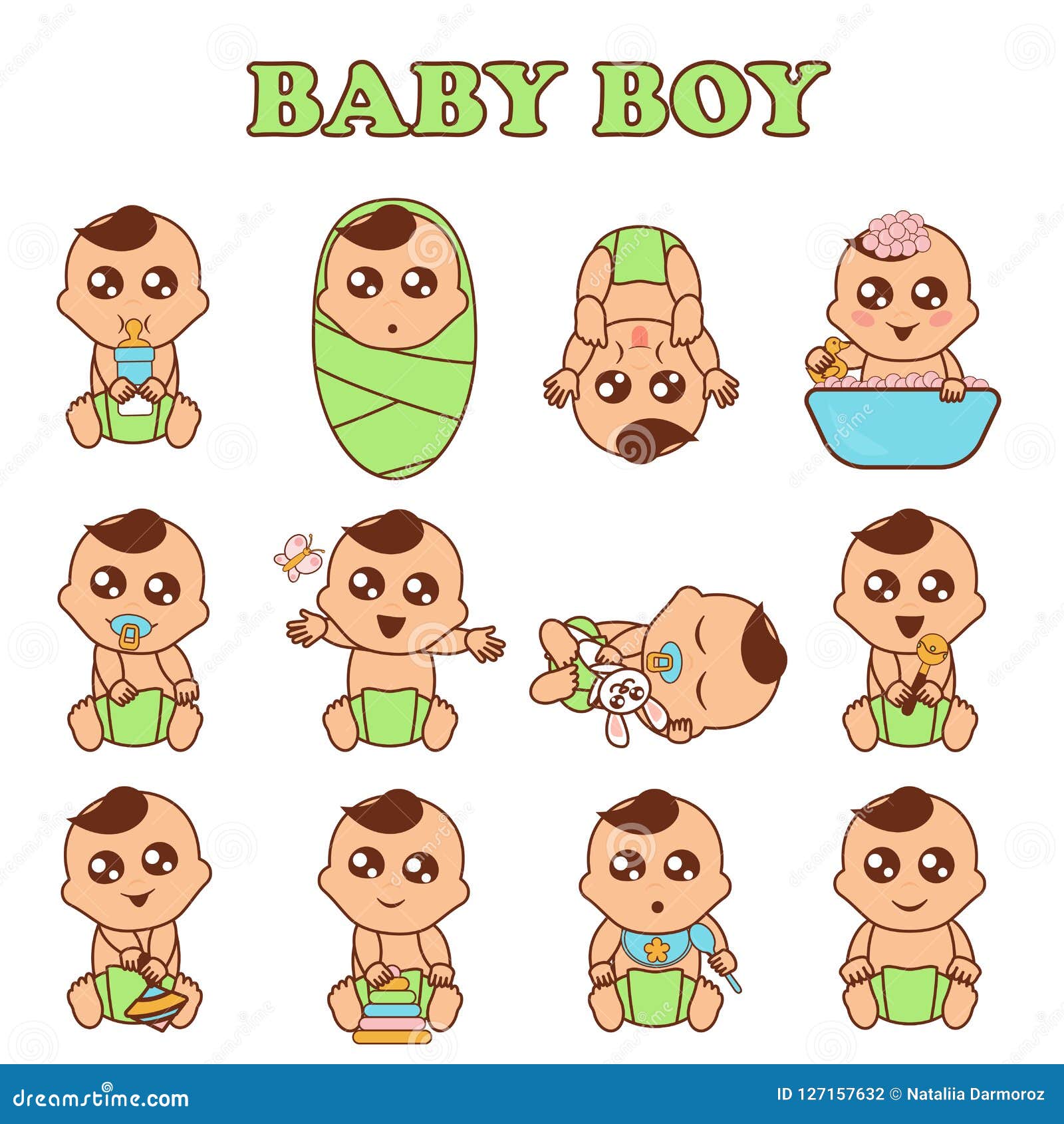 Baby Boy Set Vector Illustration. Cute Boys in Various Poses and ...