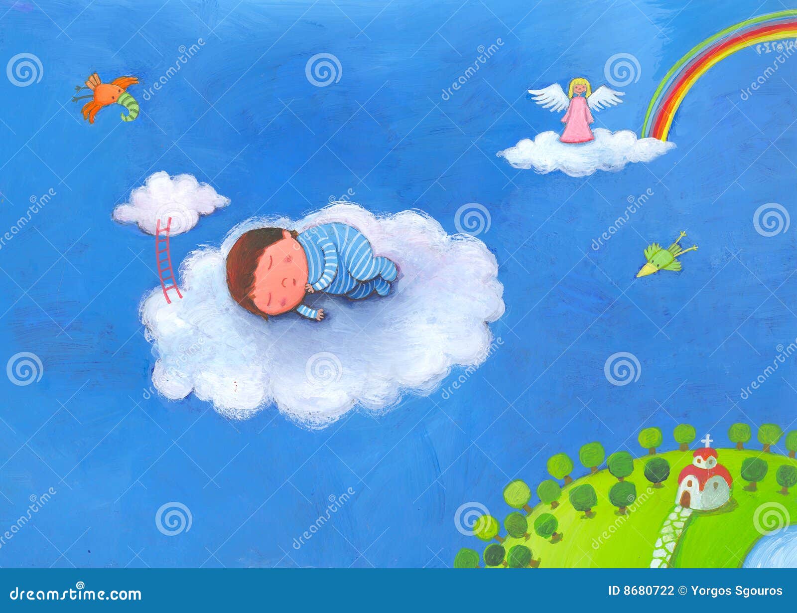 Baby Boy Sleeping in Clouds in His Blue Pajamas Stock Illustration