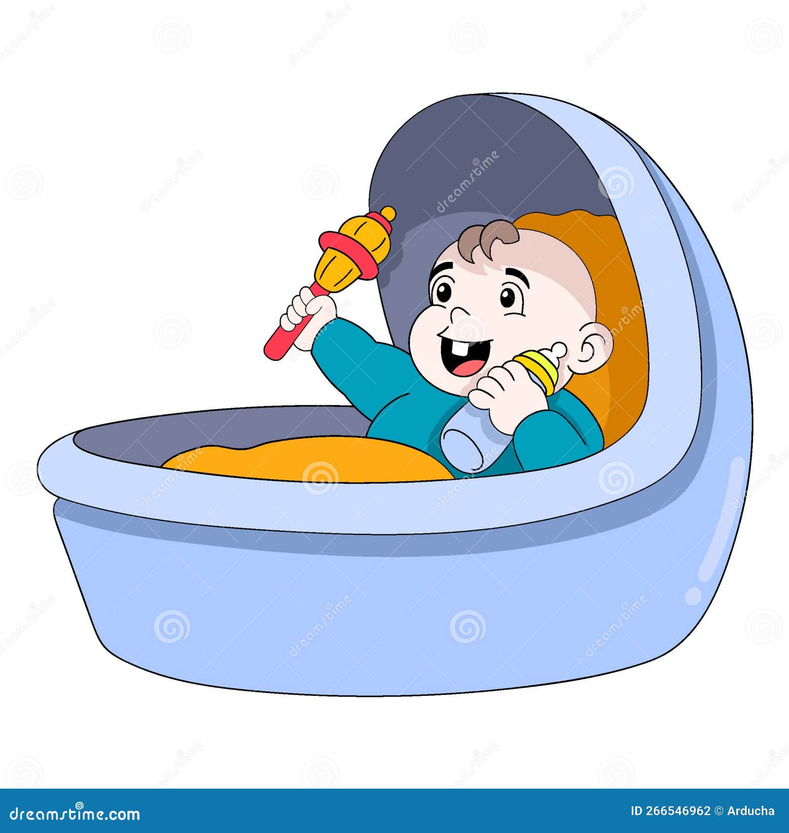 Baby Boy is Sleeping and Playing on the Box Bed Stock Vector