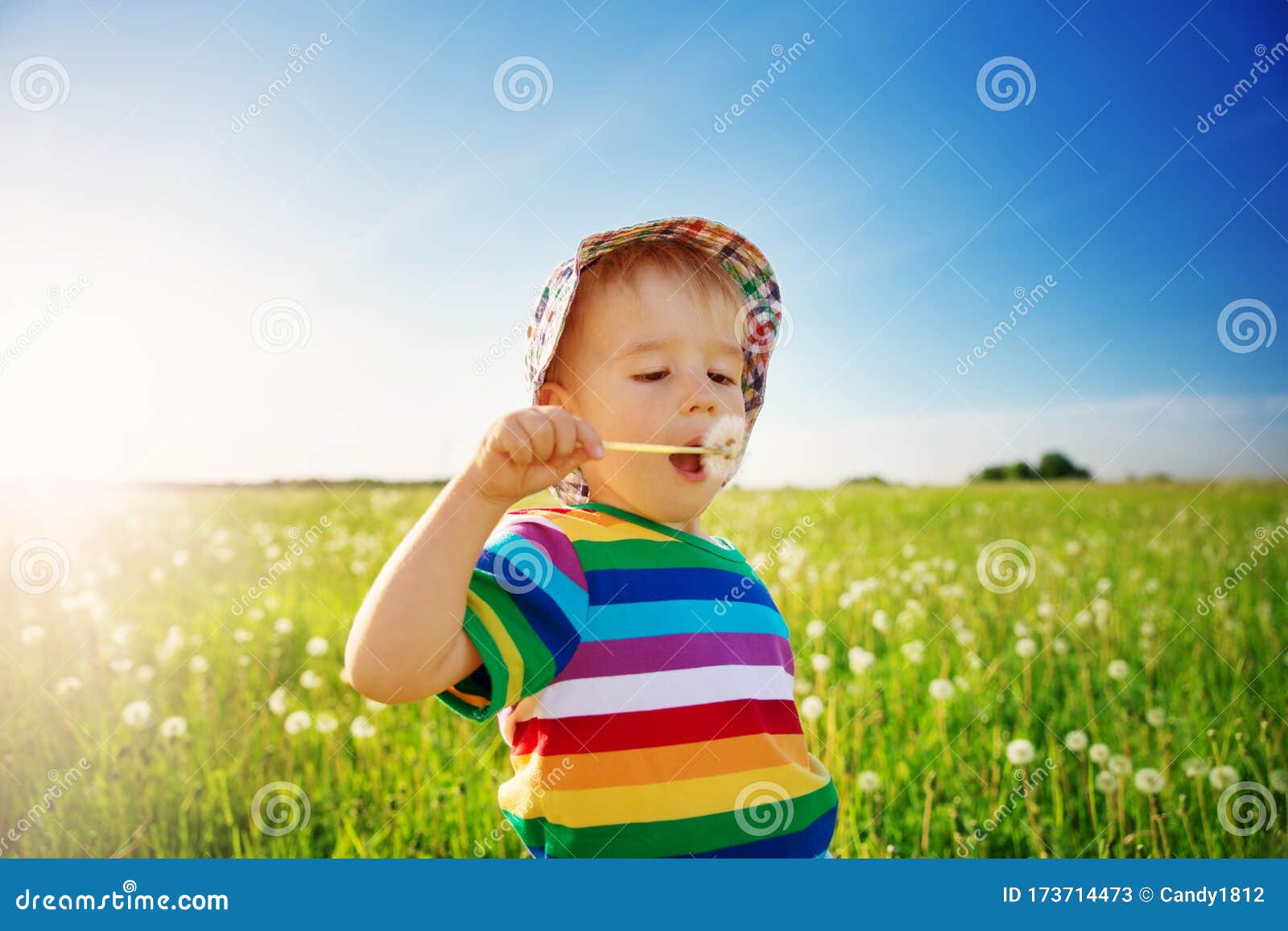 baby boy standing in grass on the fieald with dandelions