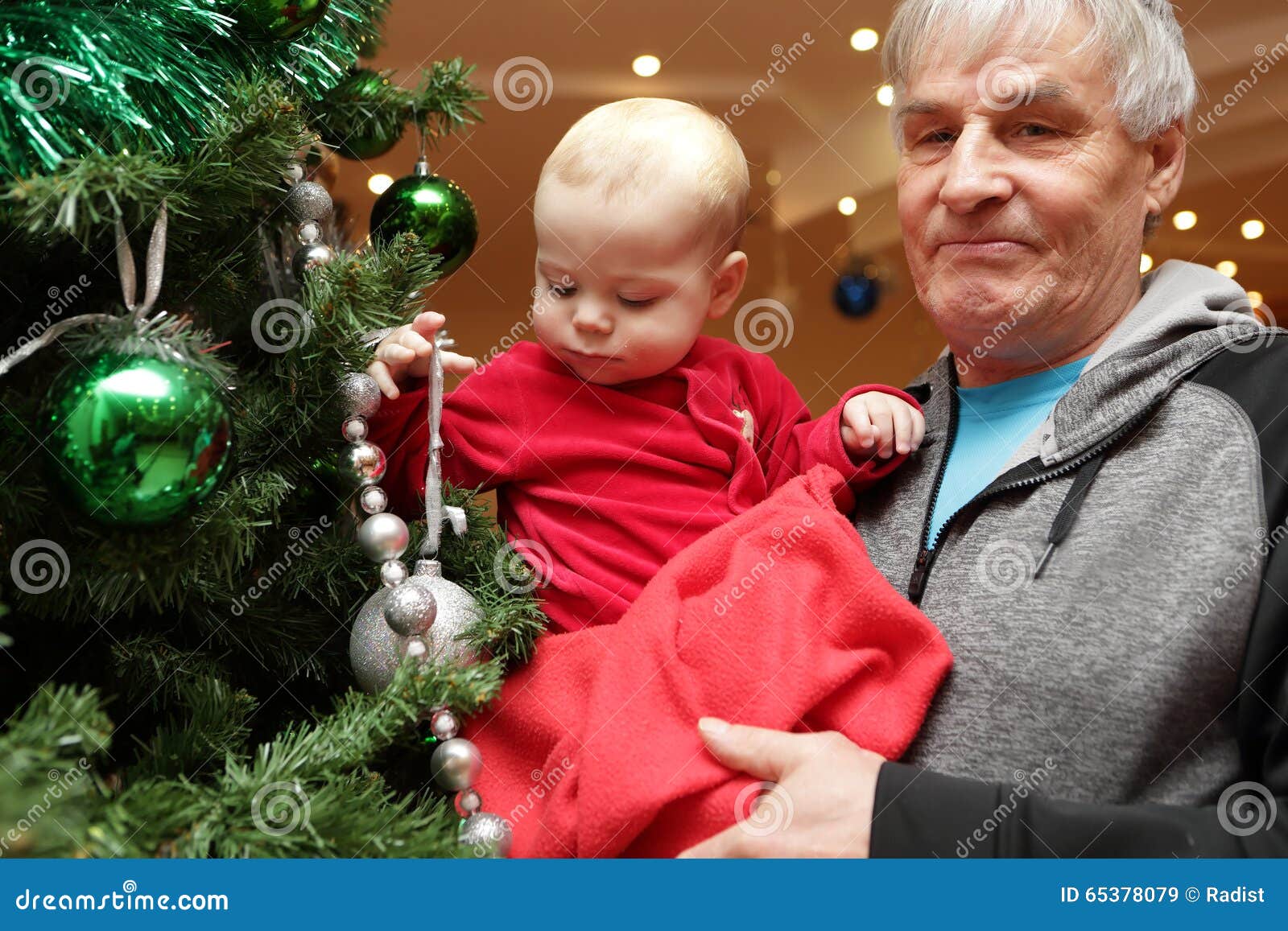 Baby Boy Touching Christmas Tree Stock Image Image of holiday, green