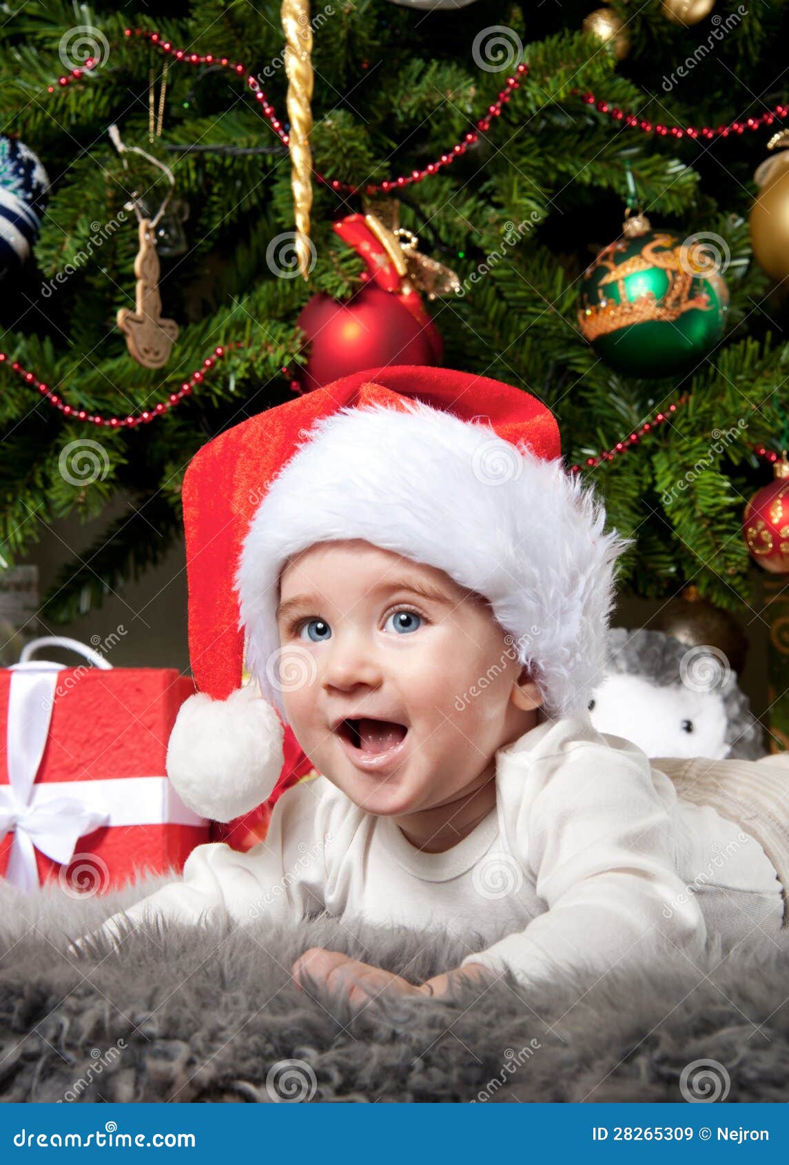 Baby Boy Under Christmas Tree Stock Image Image of gift, childhood