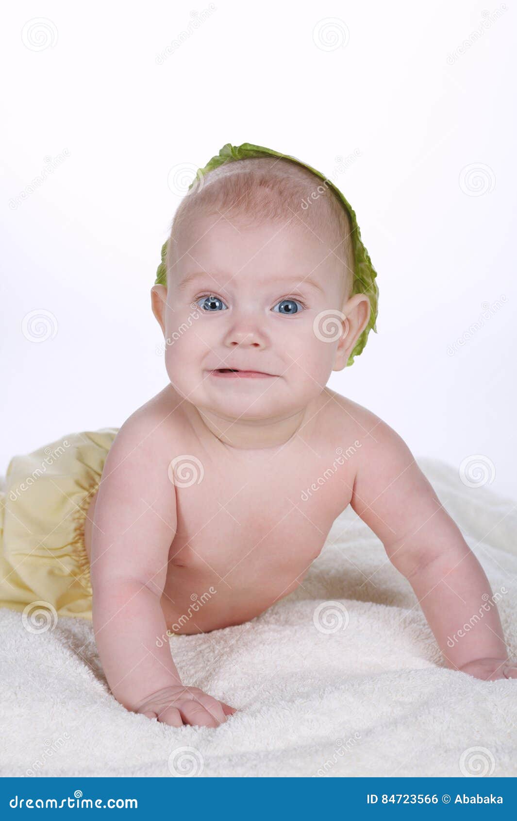 Baby with Cabbage Leaf on His Head Stock Photo Image of green