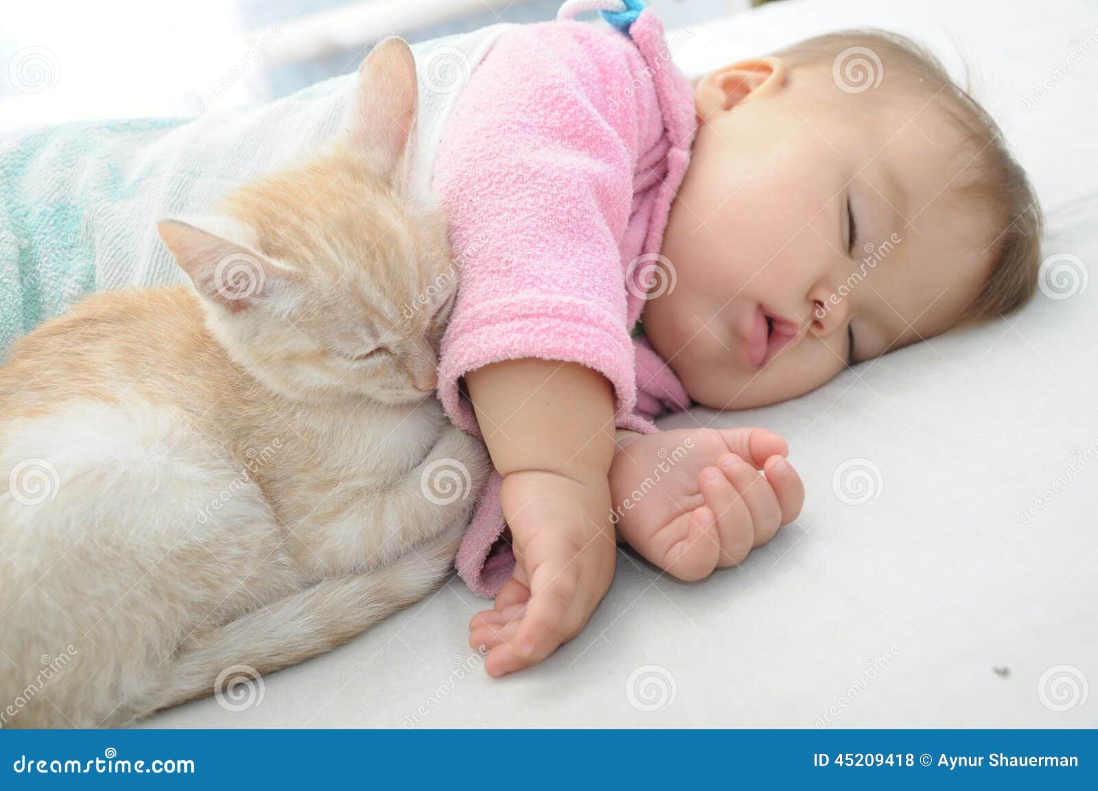 Baby And Cat Sleeping Together Stock Photo Image 45209418